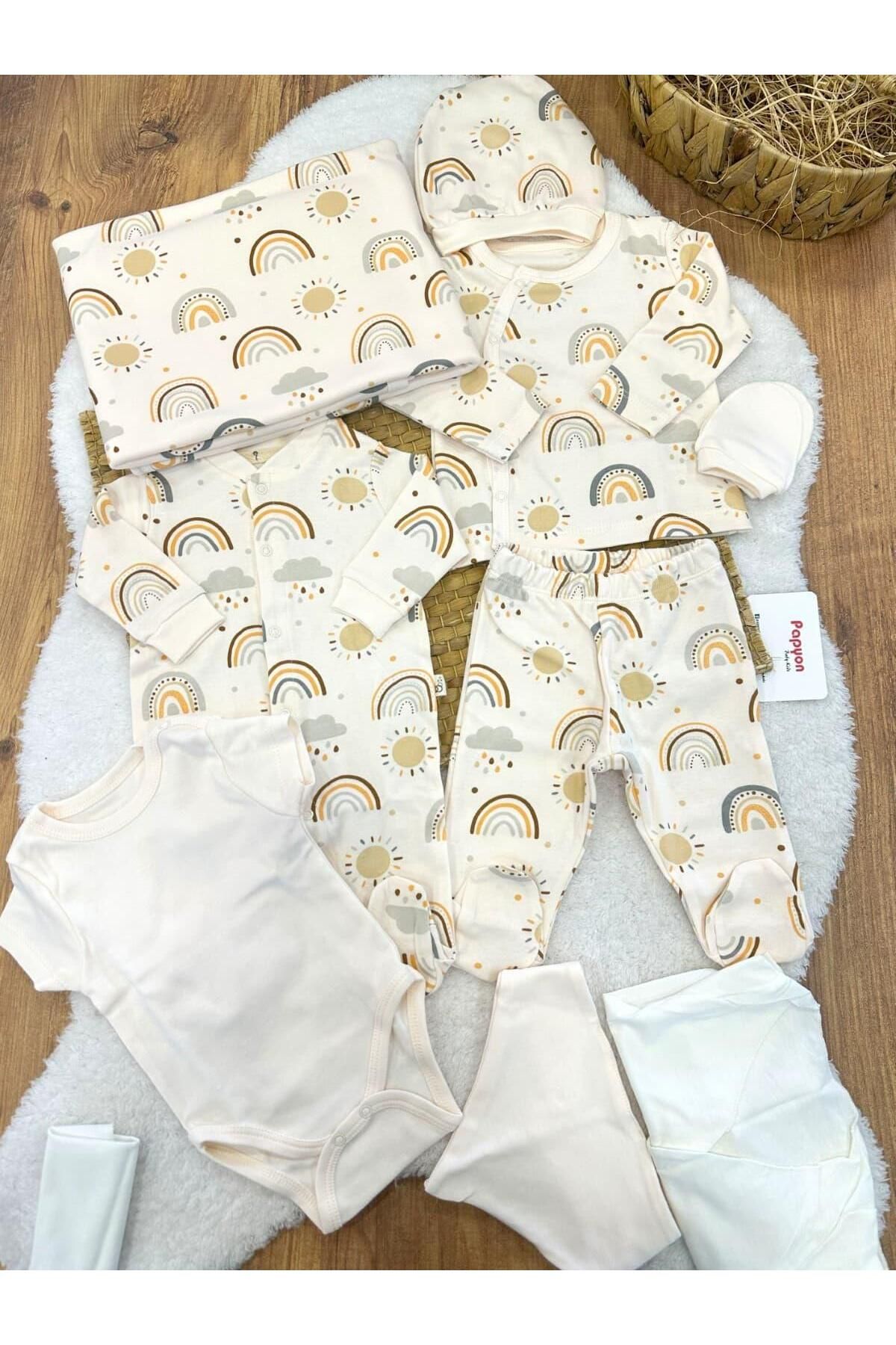 Papyon Baby Kids Gökkuşağı Desenli Yenidoğan Uniseks Bebek 10lu Zıbın Set Hastane Çıkışı