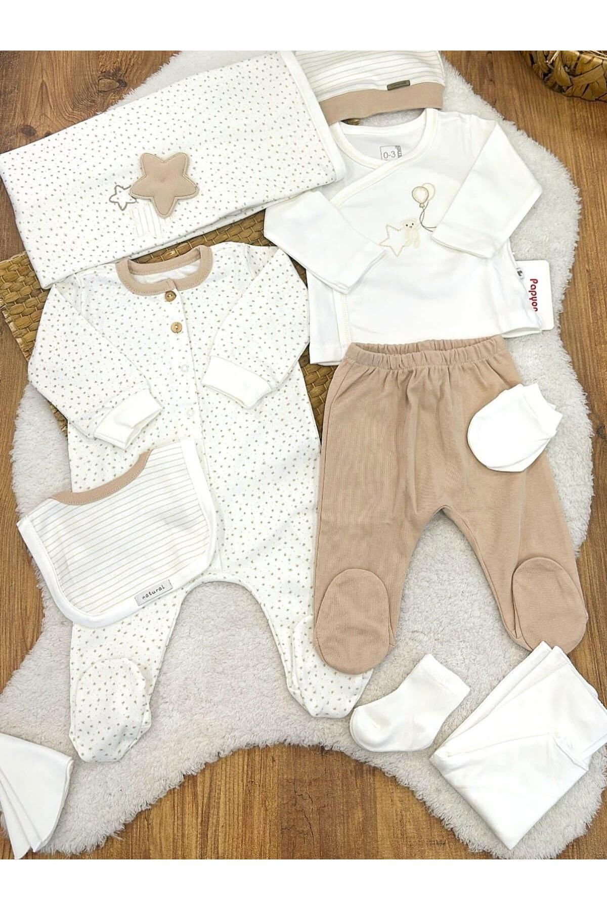 Papyon Baby Kids Balonlu Ayıcık Yıldız Nakışlı Yenidoğan Uniseks Bebek Tulumlu Natural 10lu Zıbın Set Hastane Çıkışı