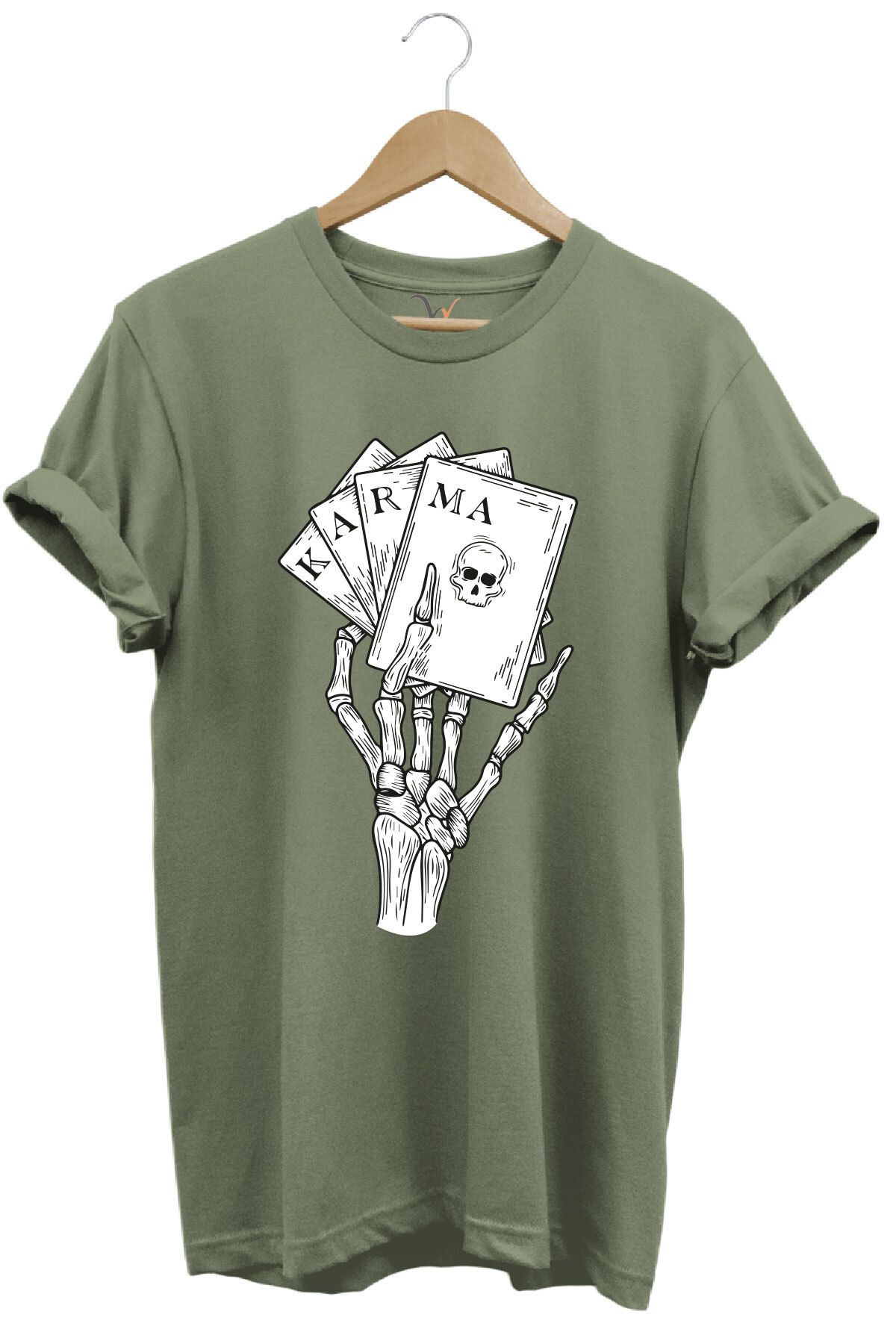 onsrawear Gotik Karma İskelet El Poker Kartları Baskılı Unisex %100 Pamuk Basic Bisiklet Yaka T-shirt