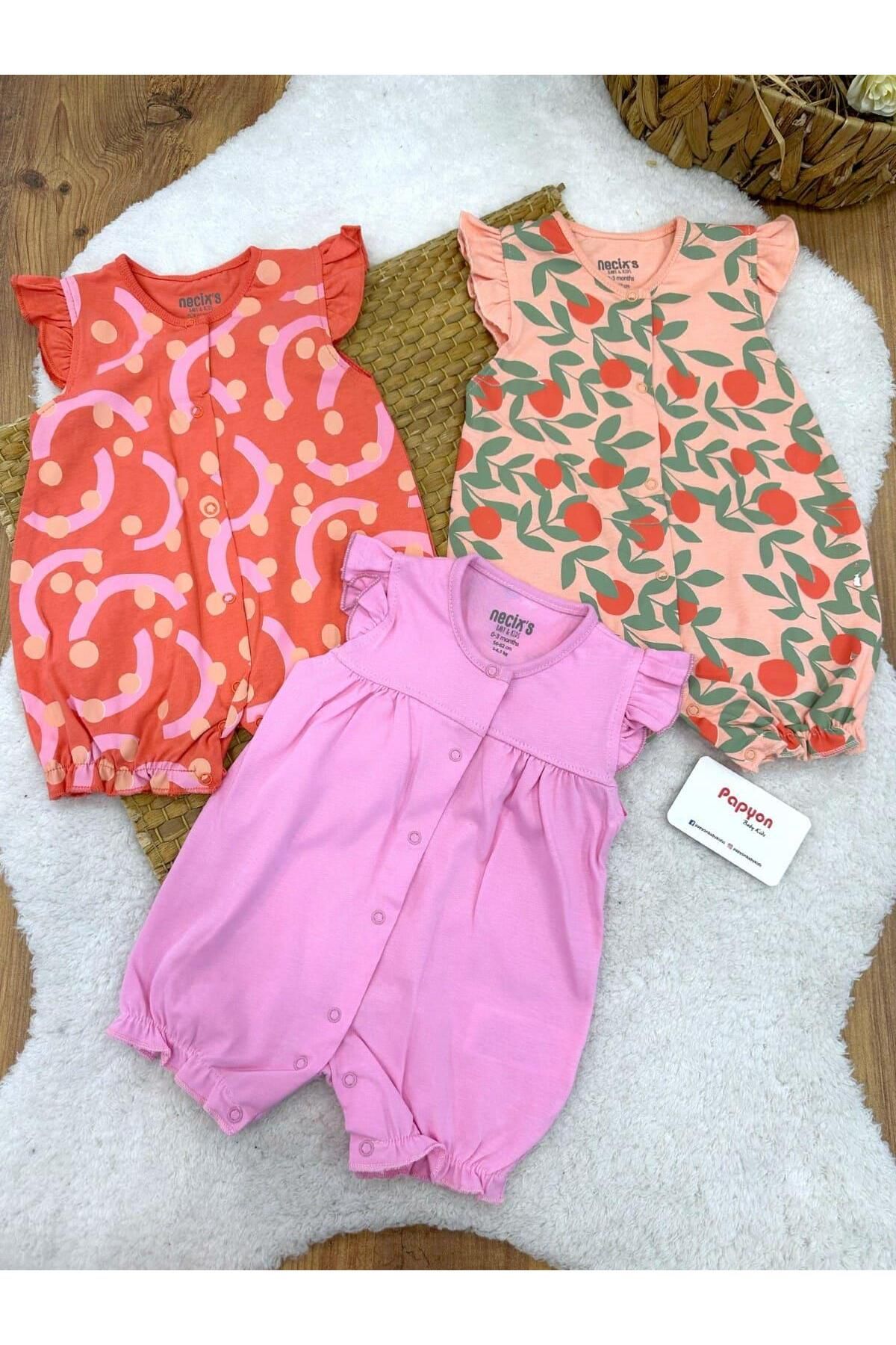 Papyon Baby Kids Clour Fruit Kız Bebek Yazlık 3lü Şort Tulum (0-3/3-6 Ay)