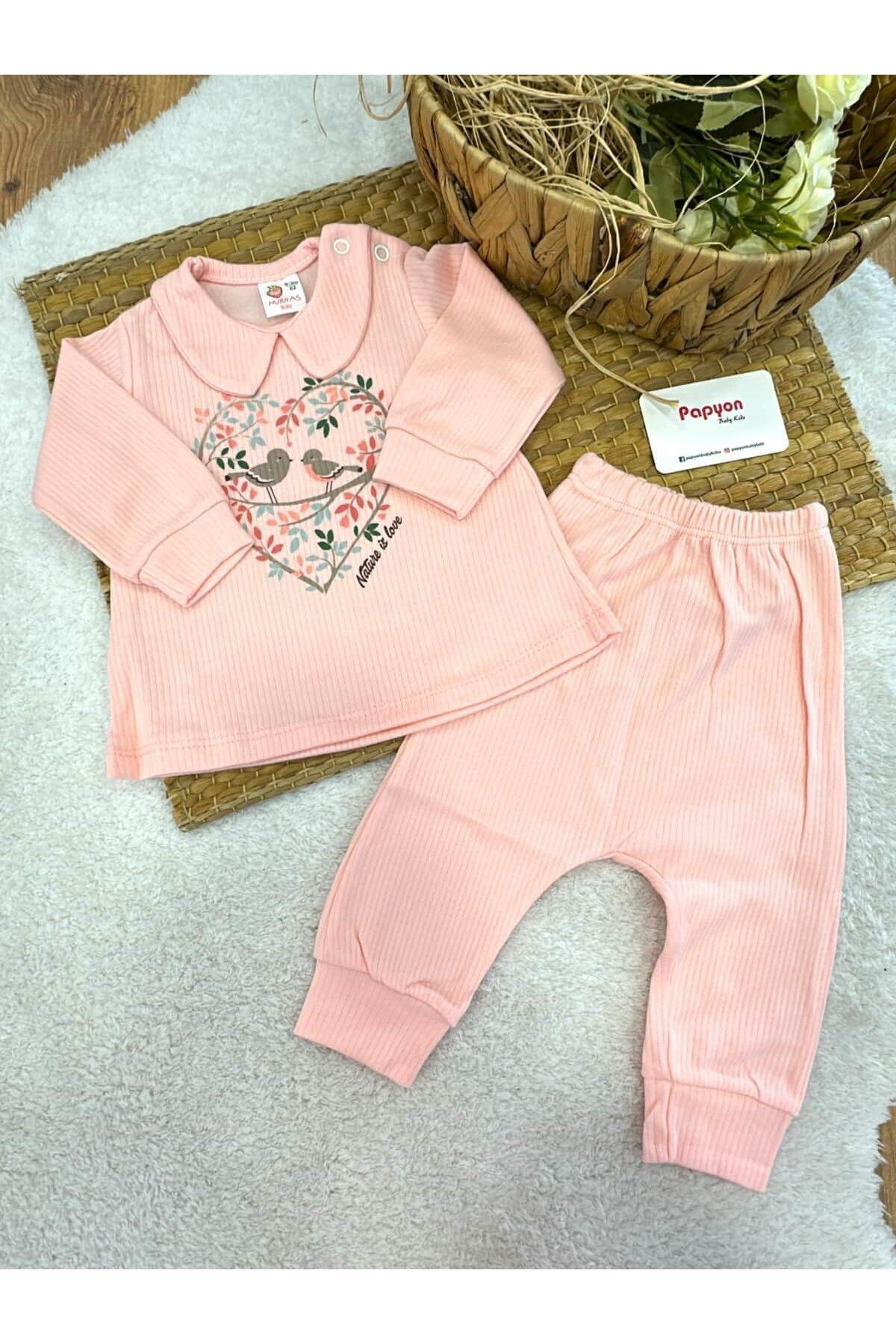 Papyon Baby Kids Çiçek Kuş Baskılı Raporlu Kız Bebek 2li Takım 0-3/3-6 Ay