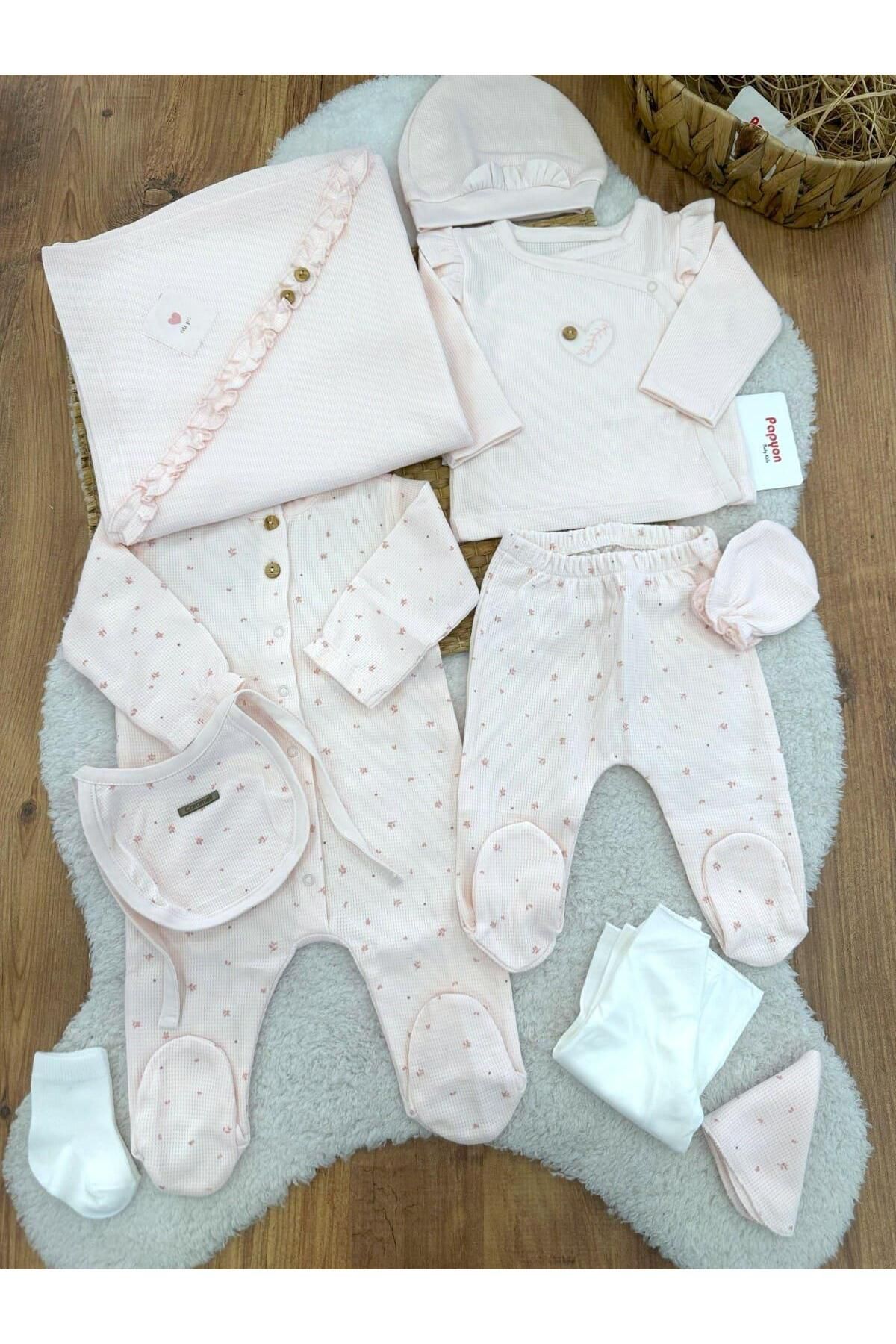 Papyon Baby Kids Kalp Nakışlı Çiçek Desenli Tulumlu Yenidoğan Kız Bebek Natural 10lu Zıbın Set Hastane Çıkışı