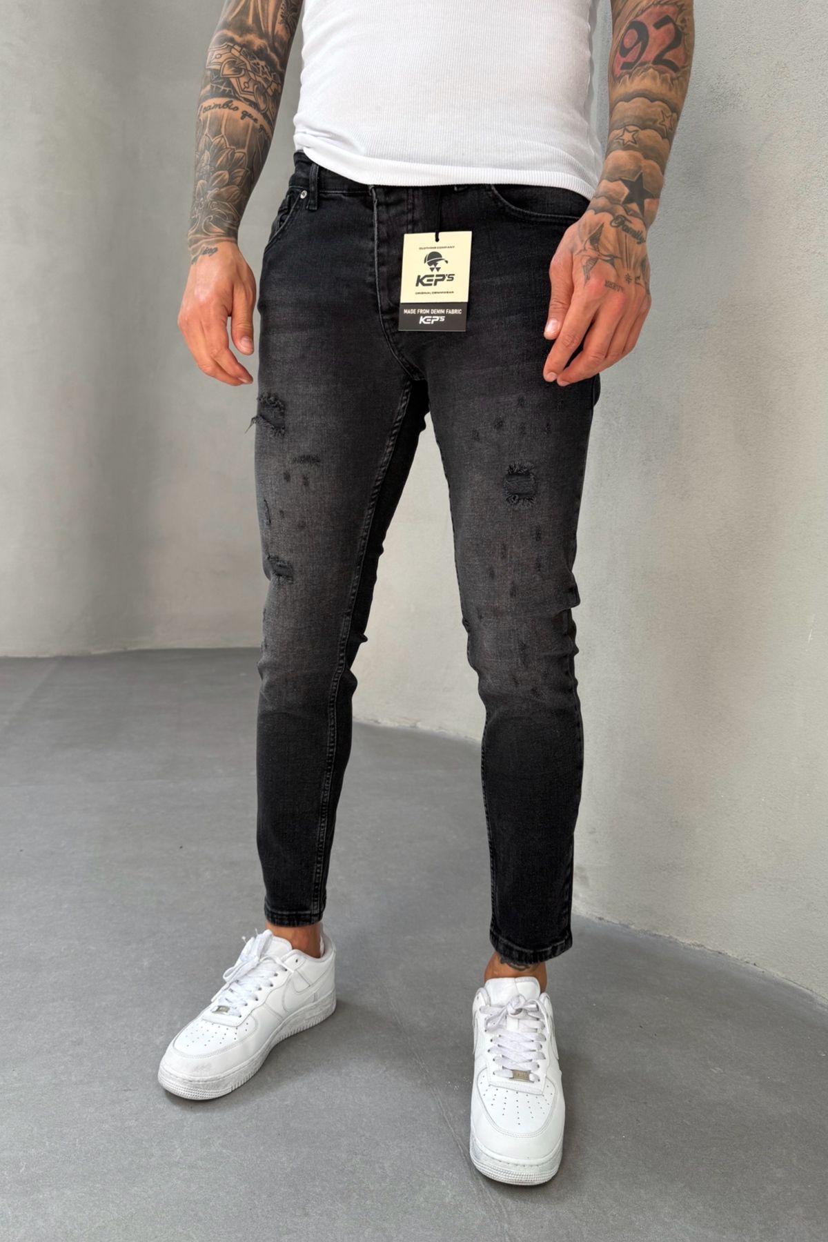 MADZEYMODA Slim Fit Dar Kesim Likralı Denim Kumaş Yırtık Detaylı Erkek Siyah Jean Kot Pantolon KE-543