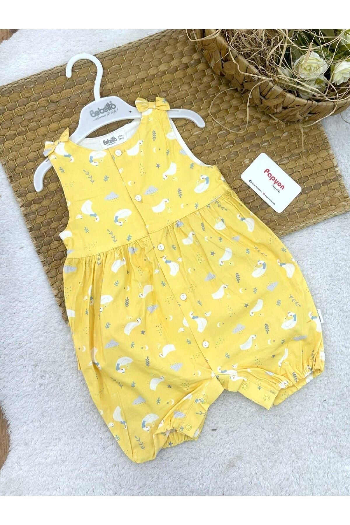 Papyon Baby Kids Desenli Geniş Askılı Önden Düğmeli Kız Bebek Dokuma Yazlık Tulum (6-9/9-12/12-18/18-24 Ay)