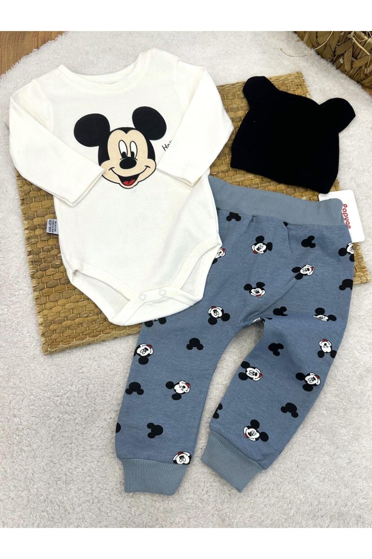 Papyon Baby Kids Mickey Hello Erkek Bebek Bereli 3lü Takım 0-3/3-6/6-9/9-12 Ay