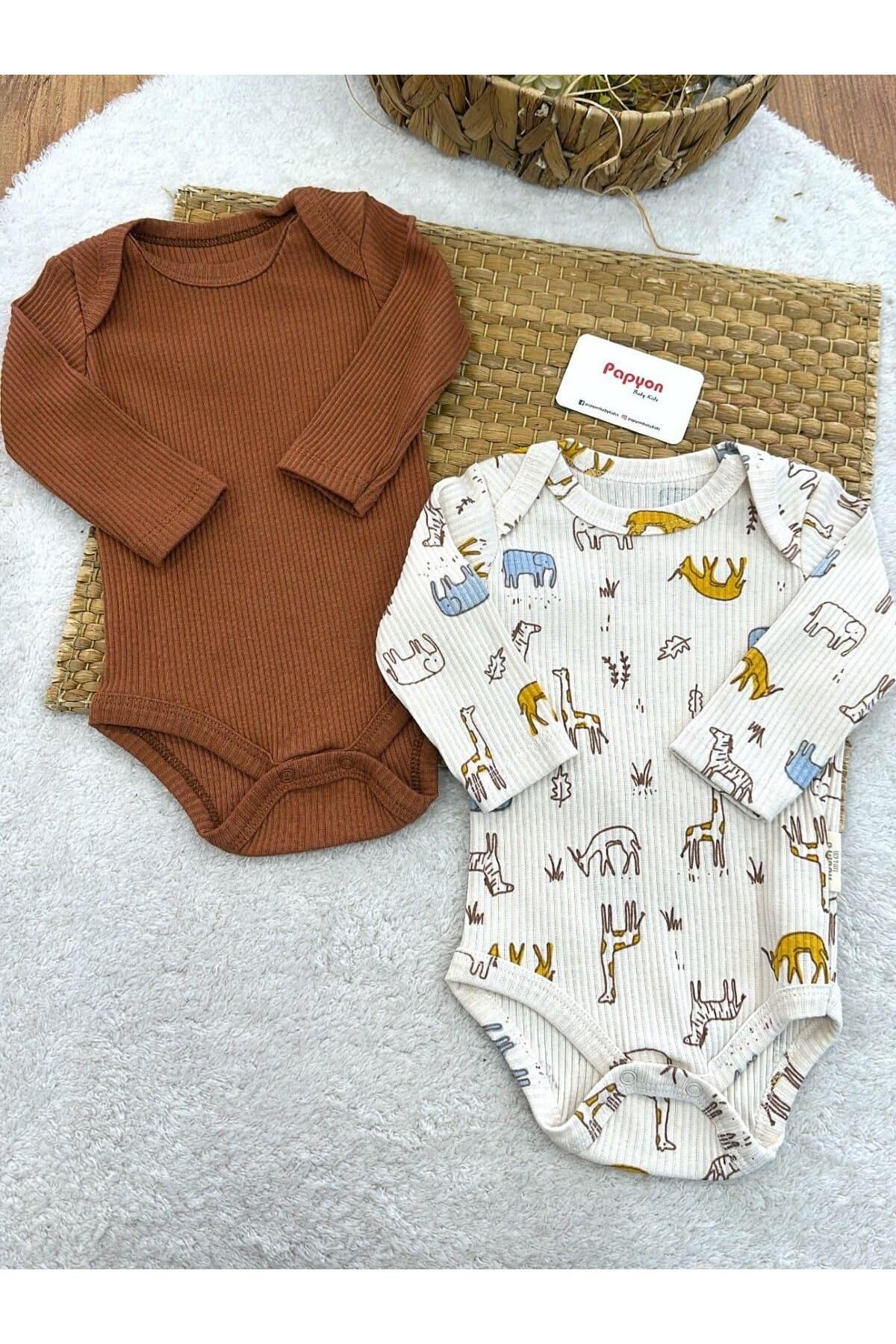 Papyon Baby Kids Safari Model Fitilli Uzun Kollu Erkek Bebek 2li Çıtçıtlı Badi (3-6/6-9/9-12 Ay)