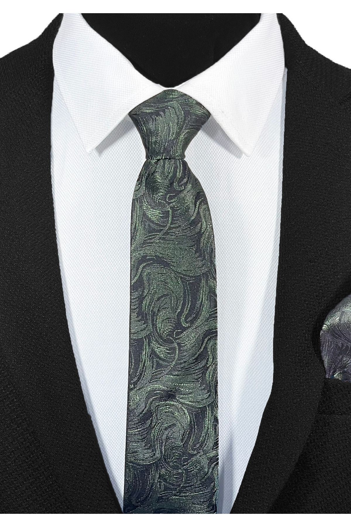 BLC Basic Line Co.-Elegant Black Background with Green Paisley Microfiber Tie and Pocket Square Set – 7 cm 2