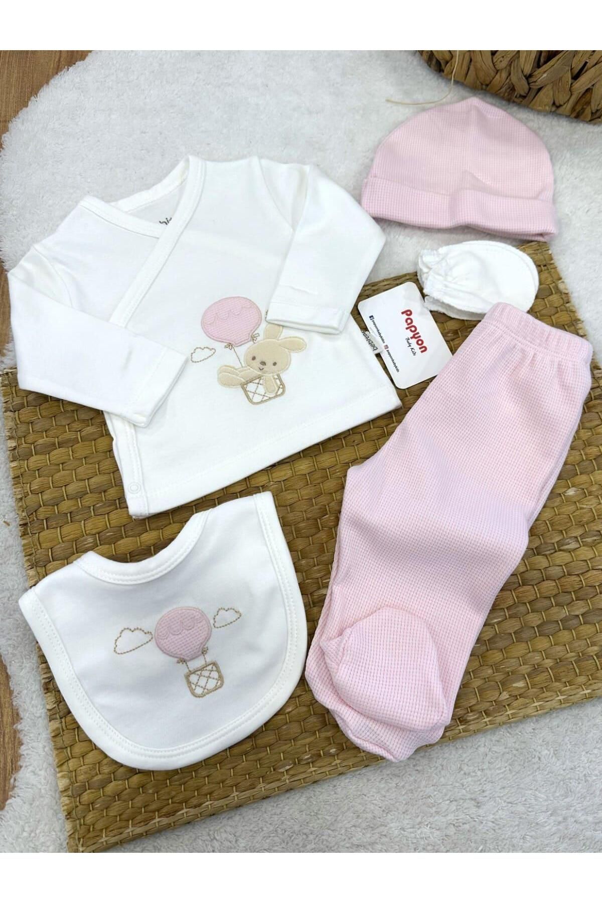Papyon Baby Kids Balonlu Ayıcık Nakışlı Yenidoğan Kız Bebek 5li Zıbın Set