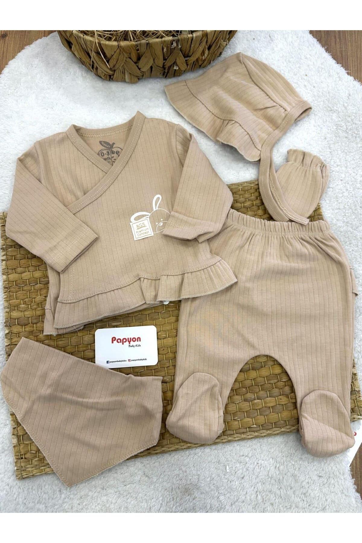 Papyon Baby Kids Tavşan Baskılı Fitilli Yenidoğan Kız Bebek 5li Zıbın Set