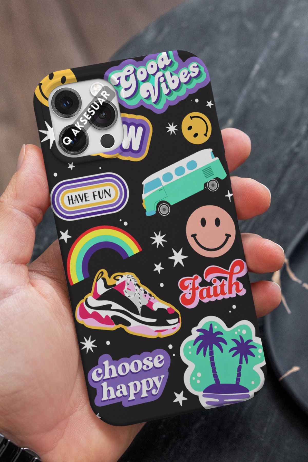 Q Aksesuar İphone 13 Mini Uyumlu Good Vibes Tasarımlı Premium Telefon Kılıfı