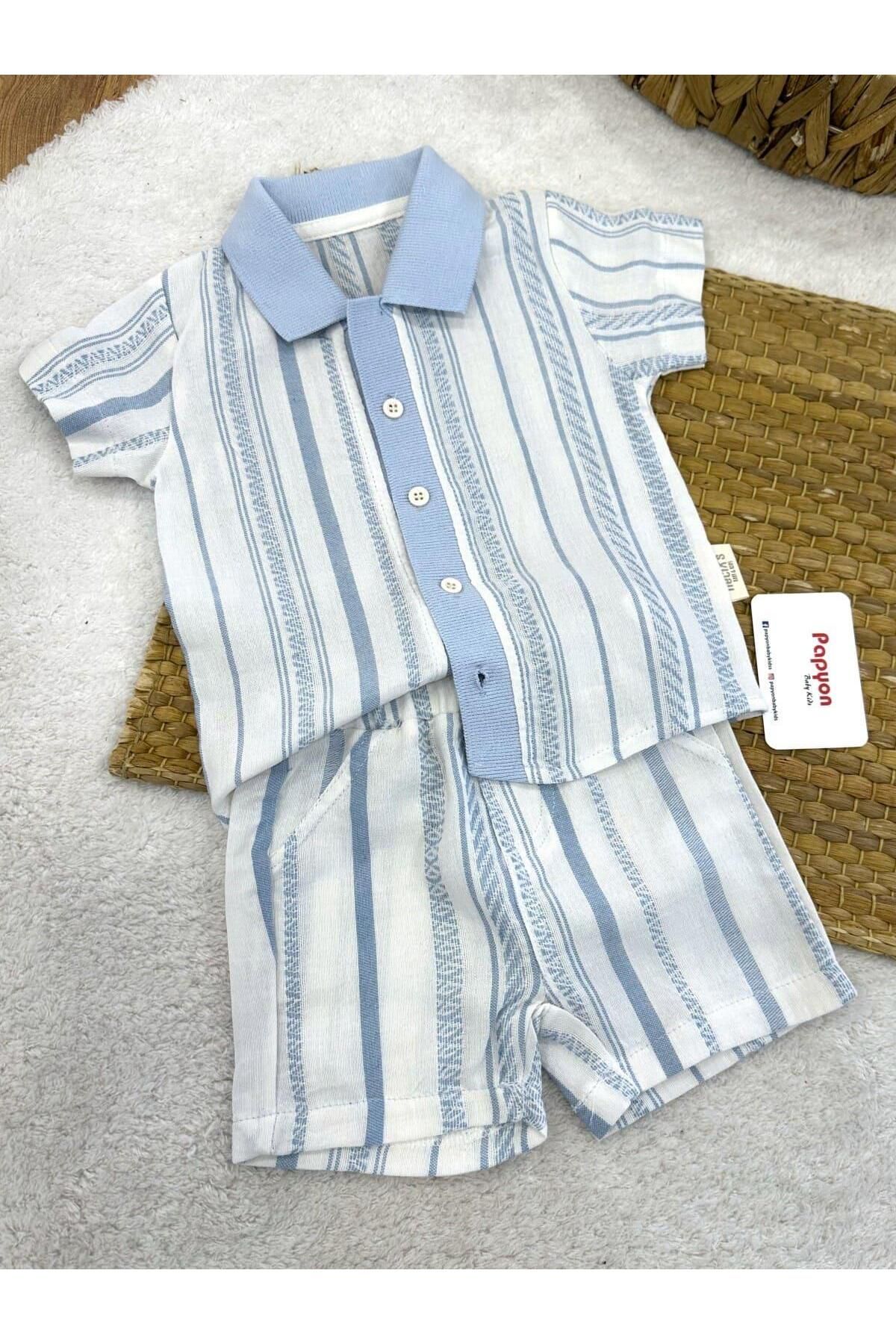 Papyon Baby Kids Örgü Patlı Çizgili Gömlekli Şortlu Erkek Bebek 2li Takım (6-9/9-12/12-18/18-24 Ay)