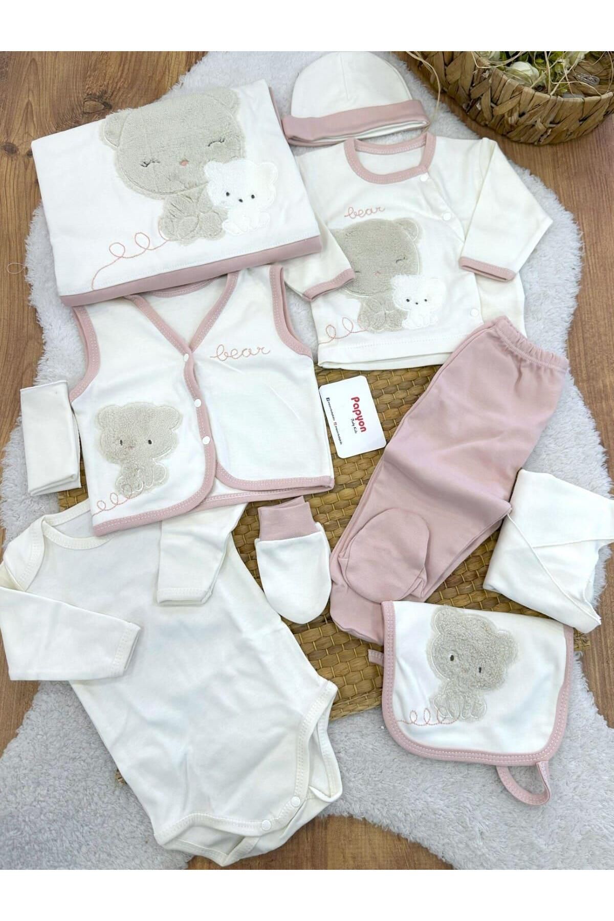 Papyon Baby Kids Süzene Kedi Nakışlı Yenidoğan Kız Bebek 10lu Zıbın Set Hastane Çıkışı