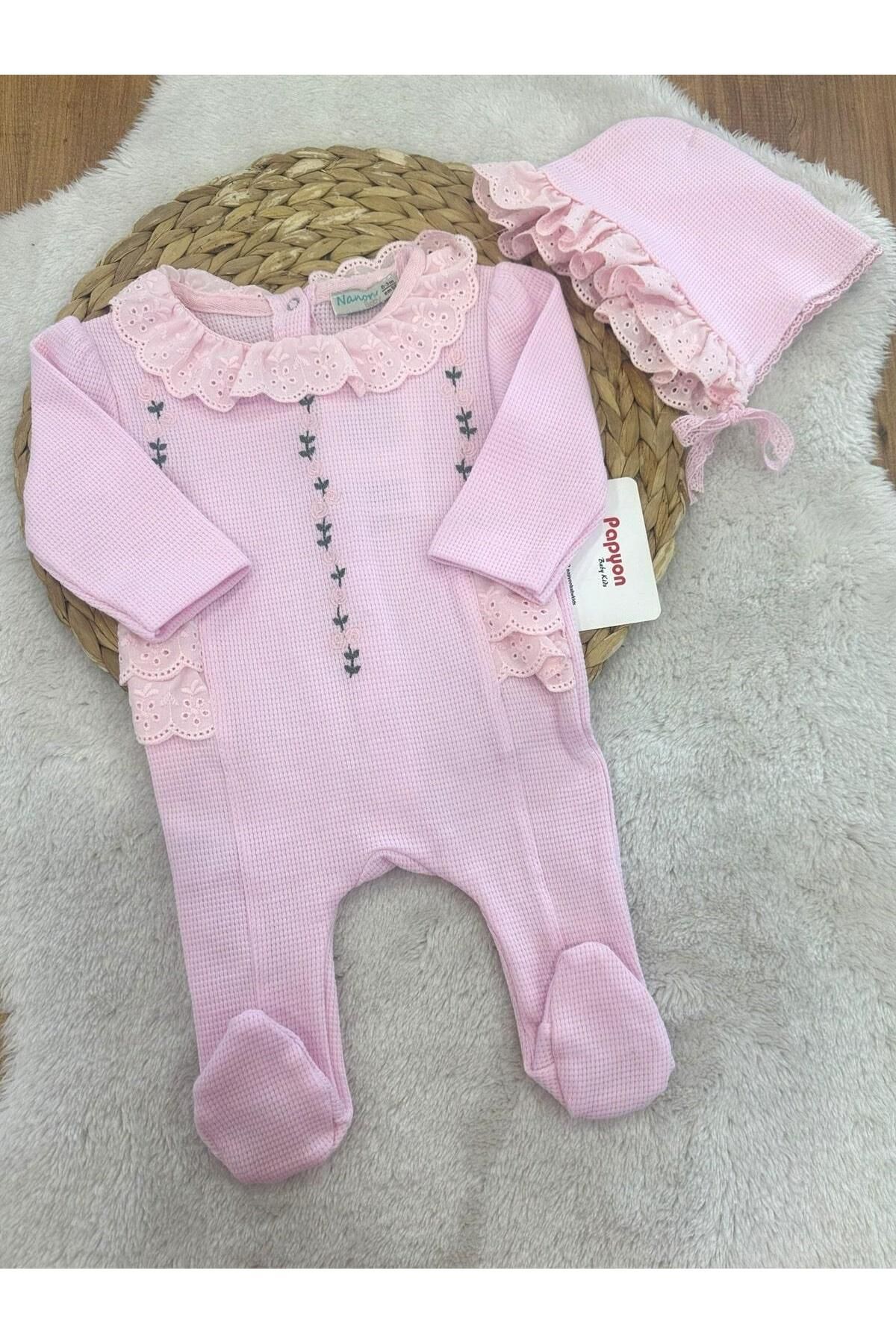 Papyon Baby Kids Çiçek Nakışlı Fistolu Kız Bebek Şapkalı Tulum 0-3/3-6/6-9/9-12 Ay