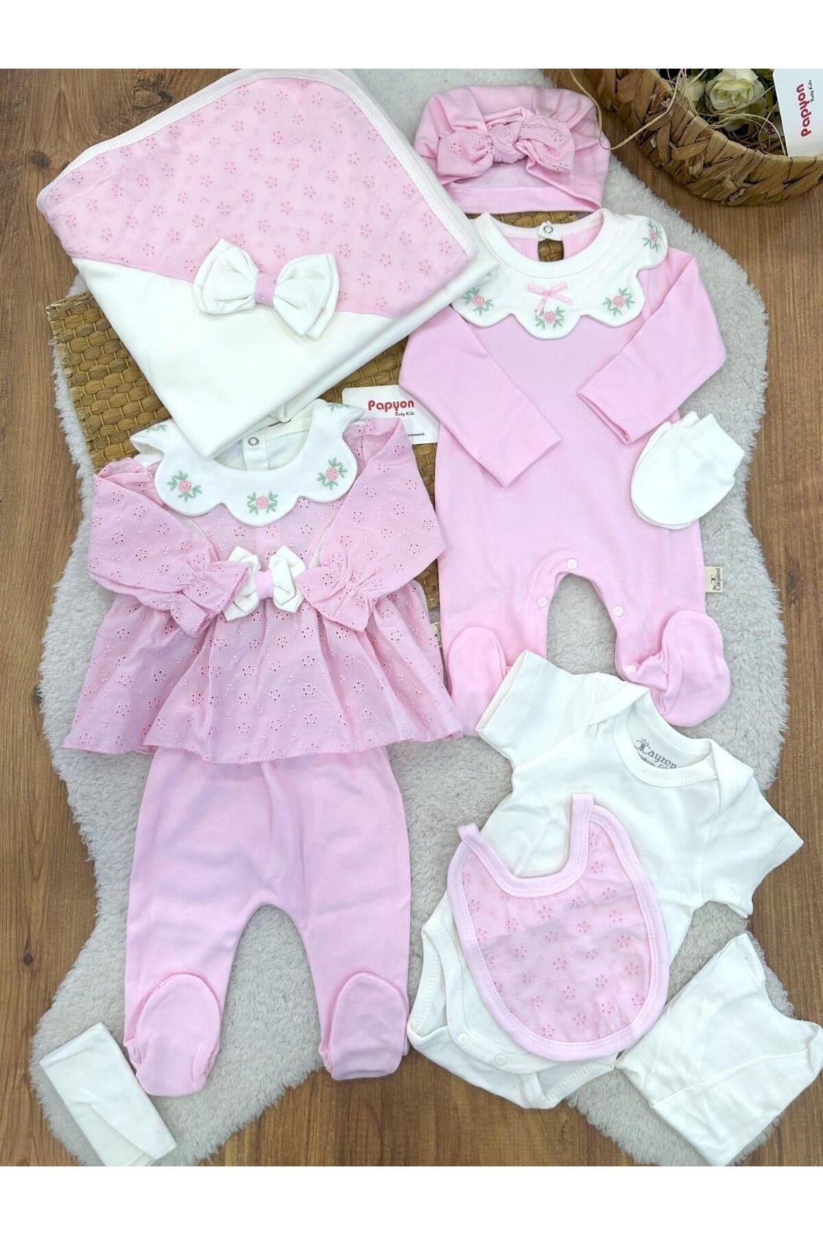 Papyon Baby Kids Çiçek Nakışlı Güpürlü Fiyonklu Yenidoğan Kız Bebek Tulumlu 10lu Zıbın Set Hastane Çıkışı
