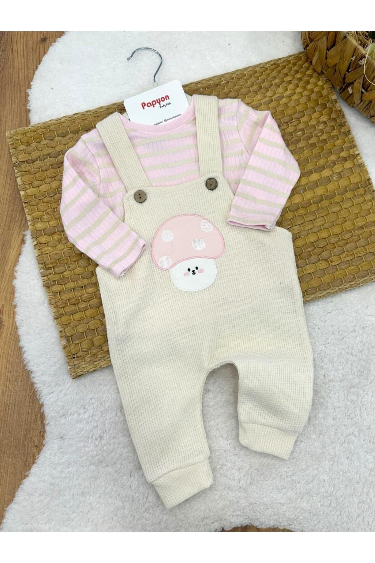 Papyon Baby Kids Mantar Kafa Nakışlı Fitilli Badili Kız Bebek Waffle Salopet Takım (6-9/9-12/12-18/18-24 Ay)