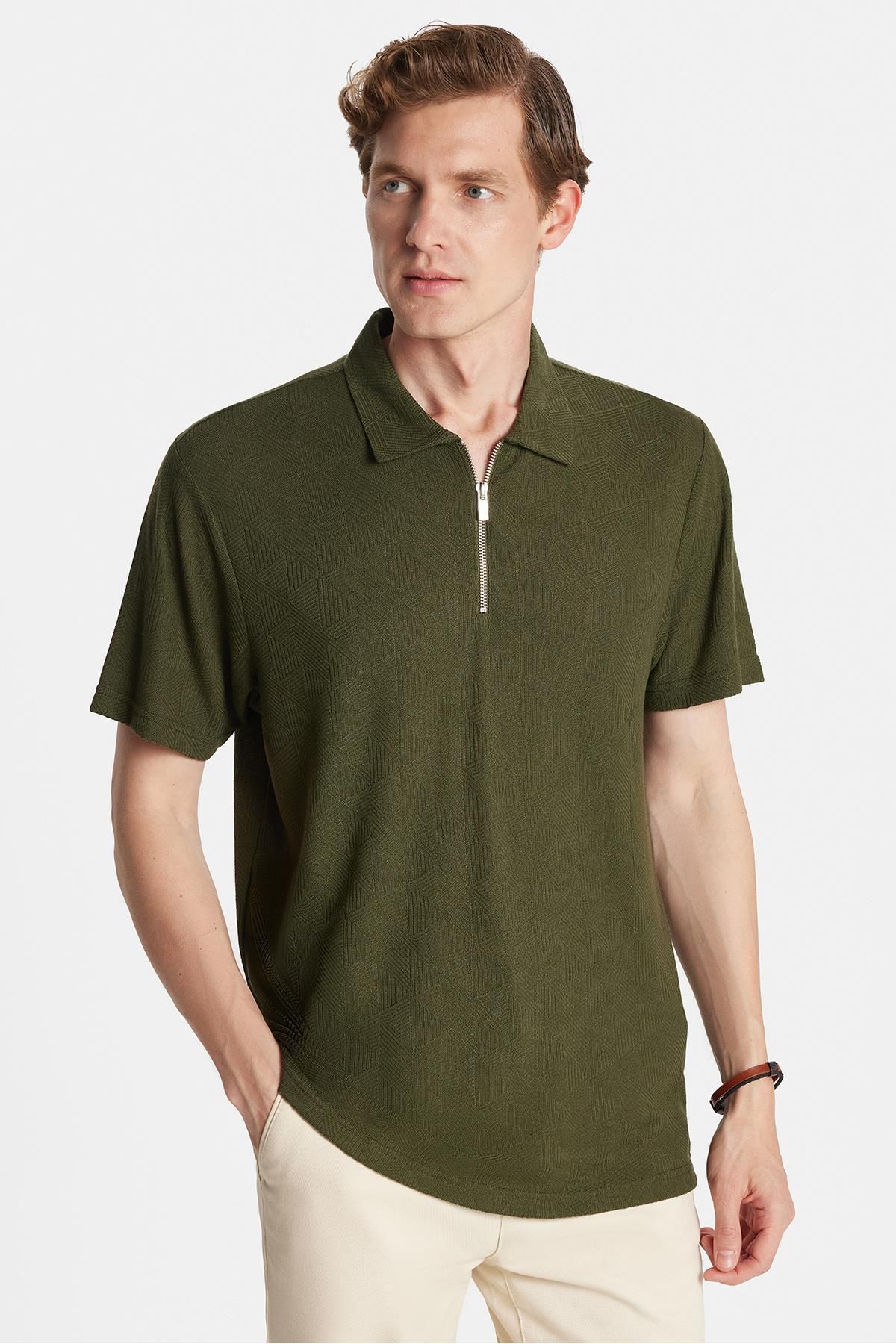 Tudors Erkek Slim Fit Dar Kesim Viskon Fermuarlı Polo Yaka Koyu Haki Tişört