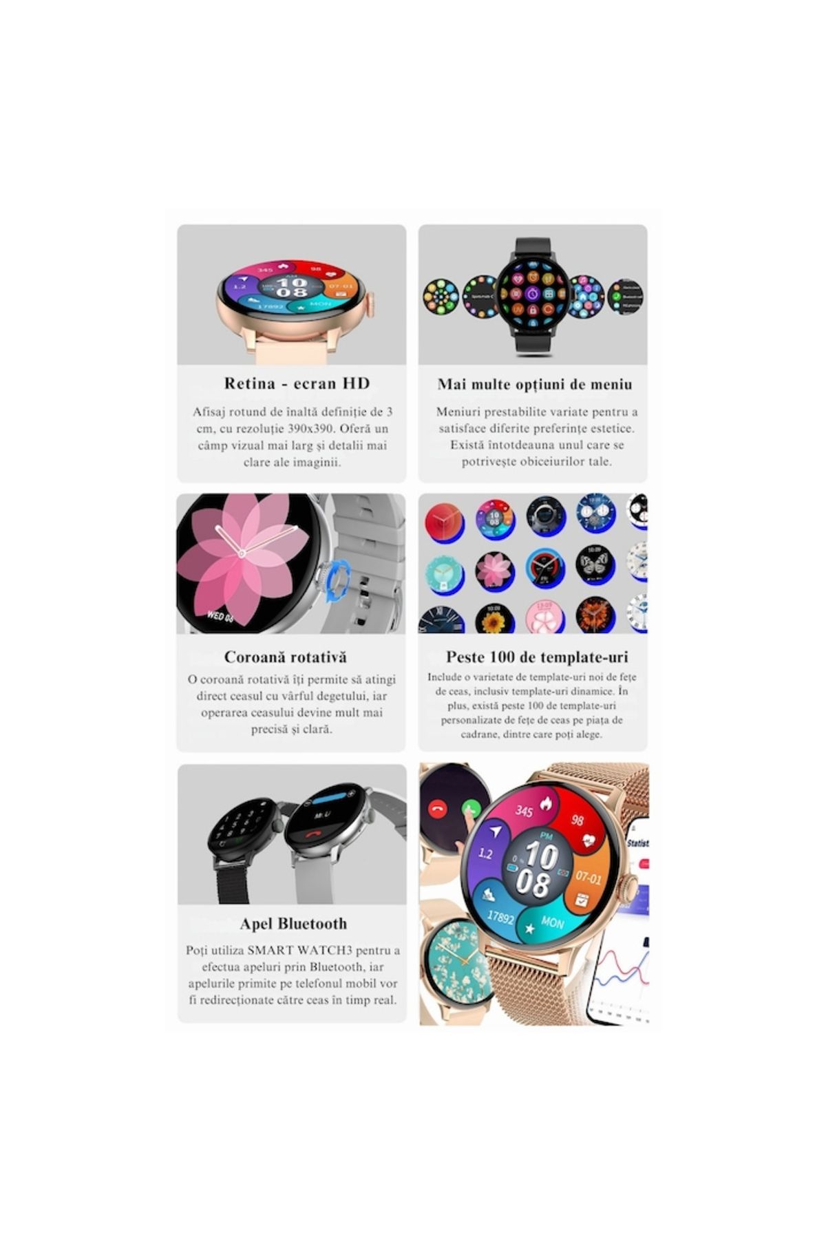 varioshop-Ceas Smartwatch VarioShop®, Monitorizare Ritm Cardiac, Tensiune Arteriala, Multisport, Compatibil A 2