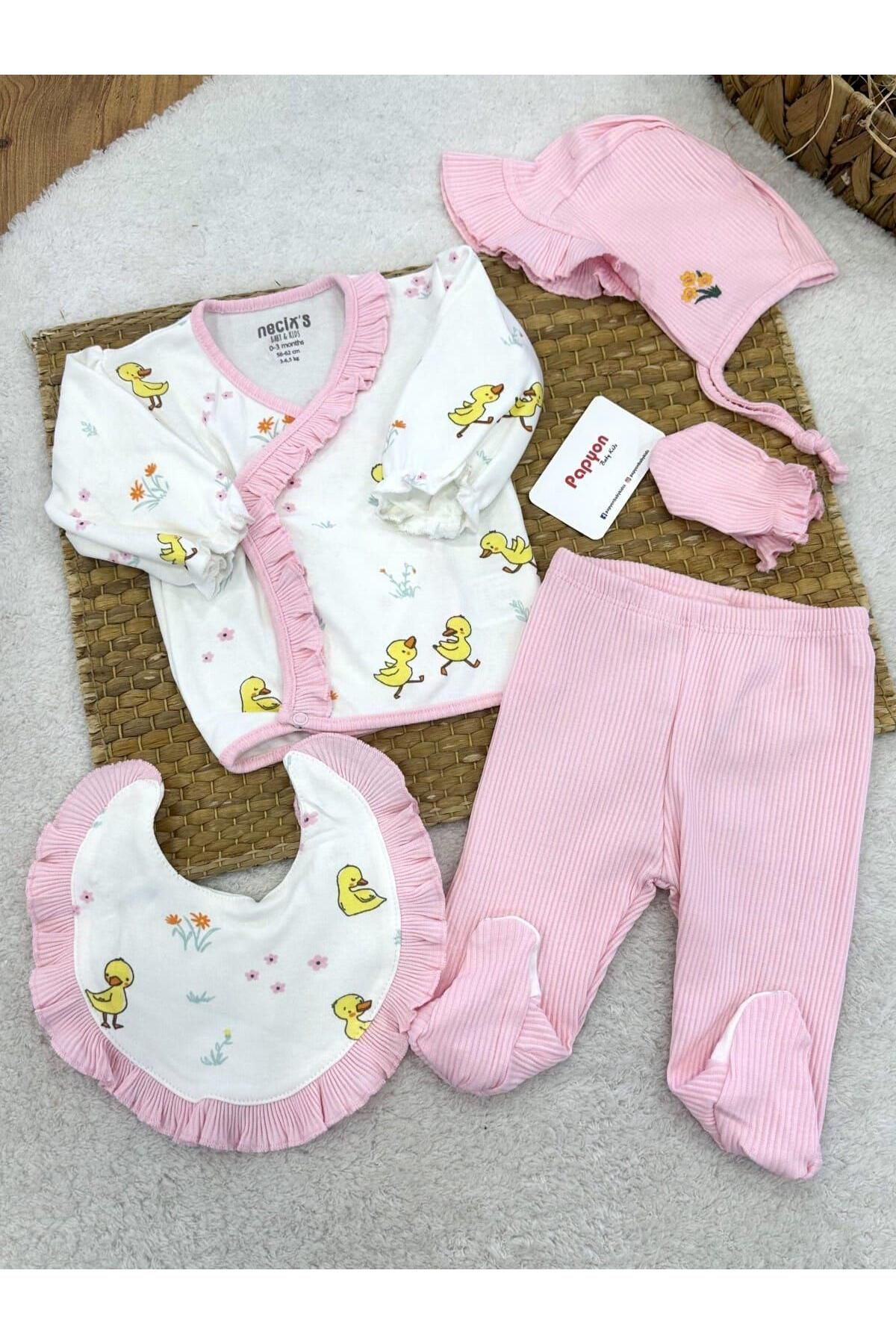 Papyon Baby Kids Mercan Ördek Çiçek Baskılı Yenidoğan Kız Bebek 5li Zıbın Set
