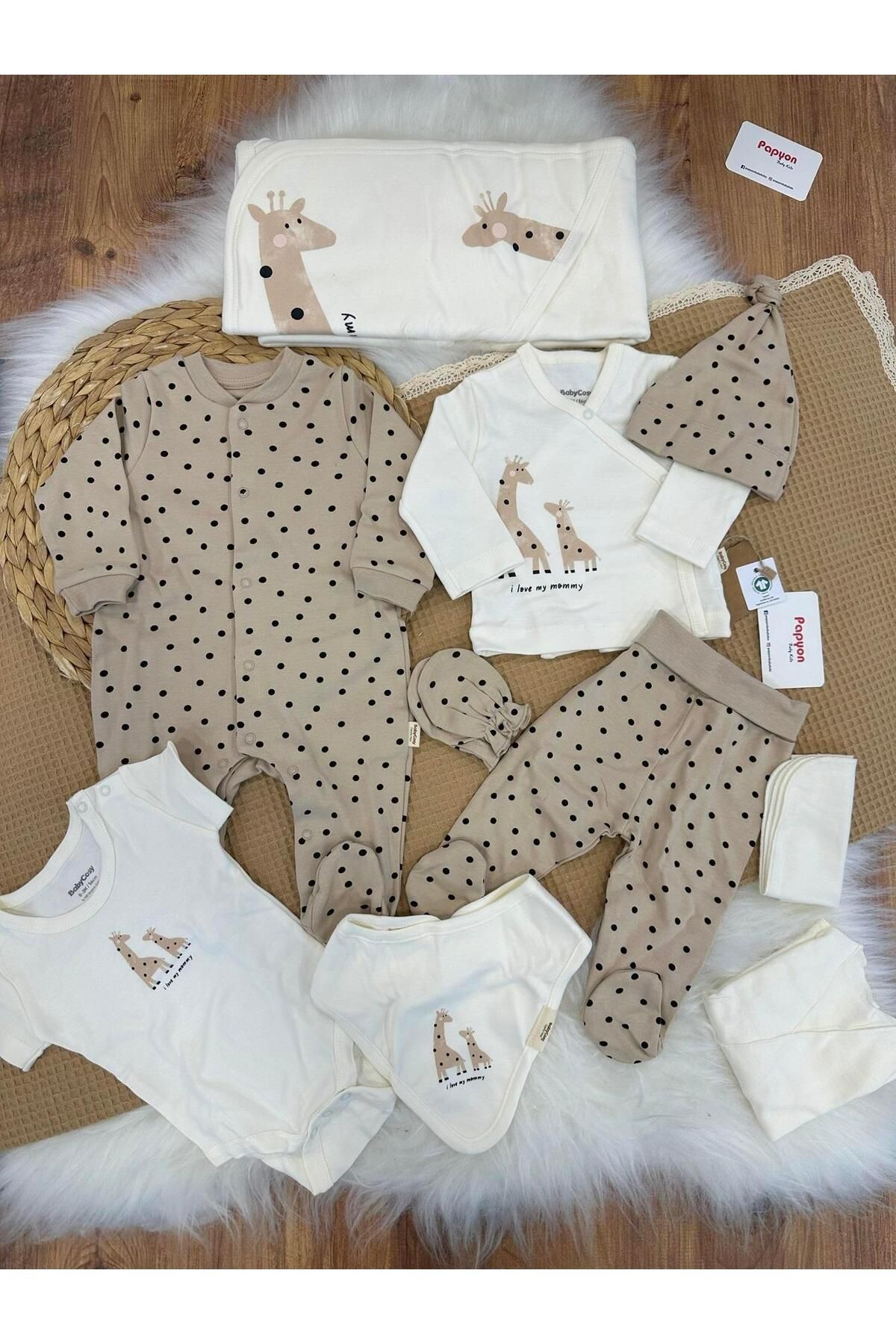 Papyon Baby Kids (Organik Ürün) Zürafa Model Yenidoğan Uniseks Bebek 10lu Zıbın Set Hastane Çıkışı
