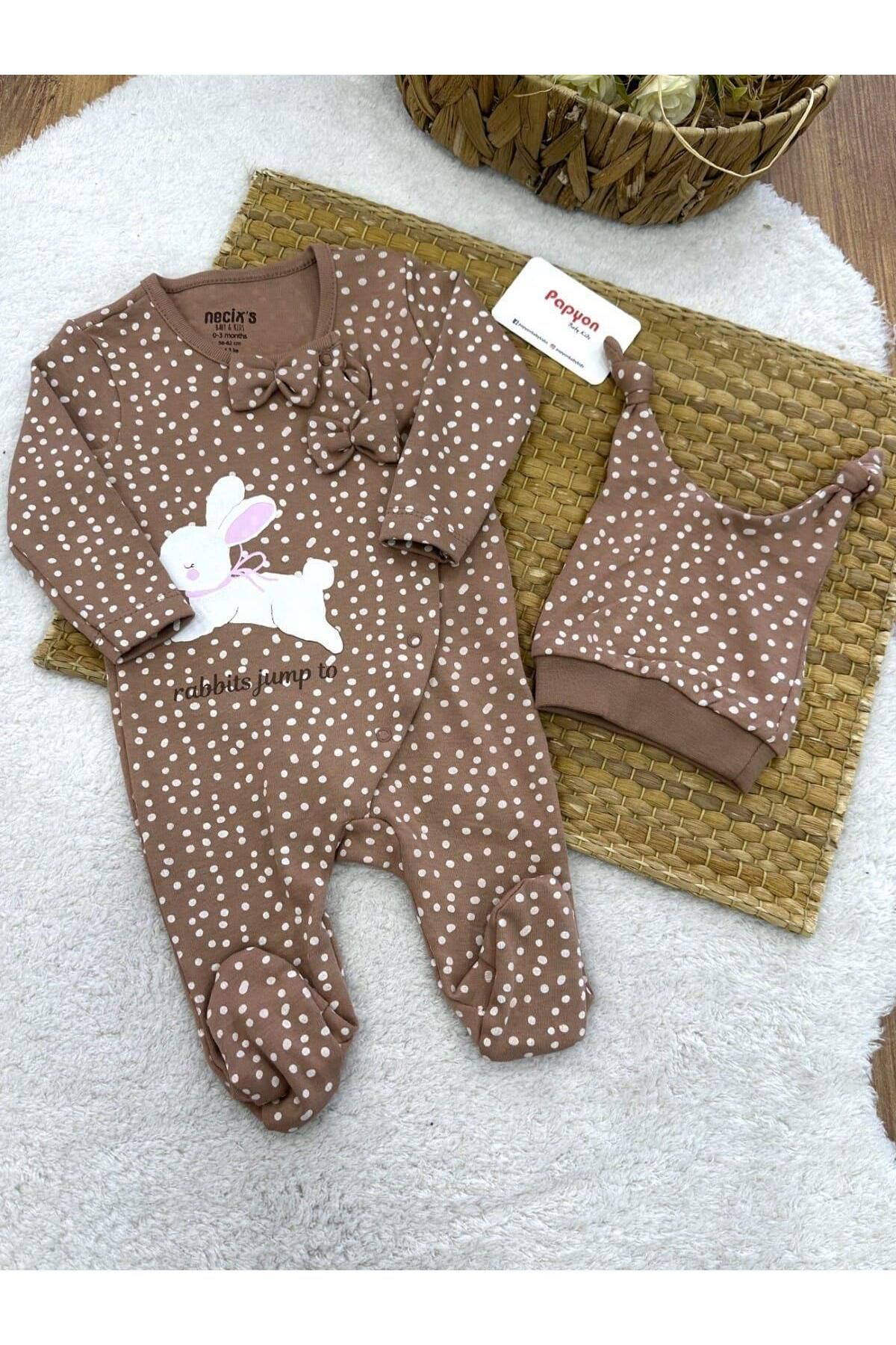 Papyon Baby Kids Tavşan Puan Baskılı Kız Bebek Bereli Soft Tulum (0-3/3-6 Ay)