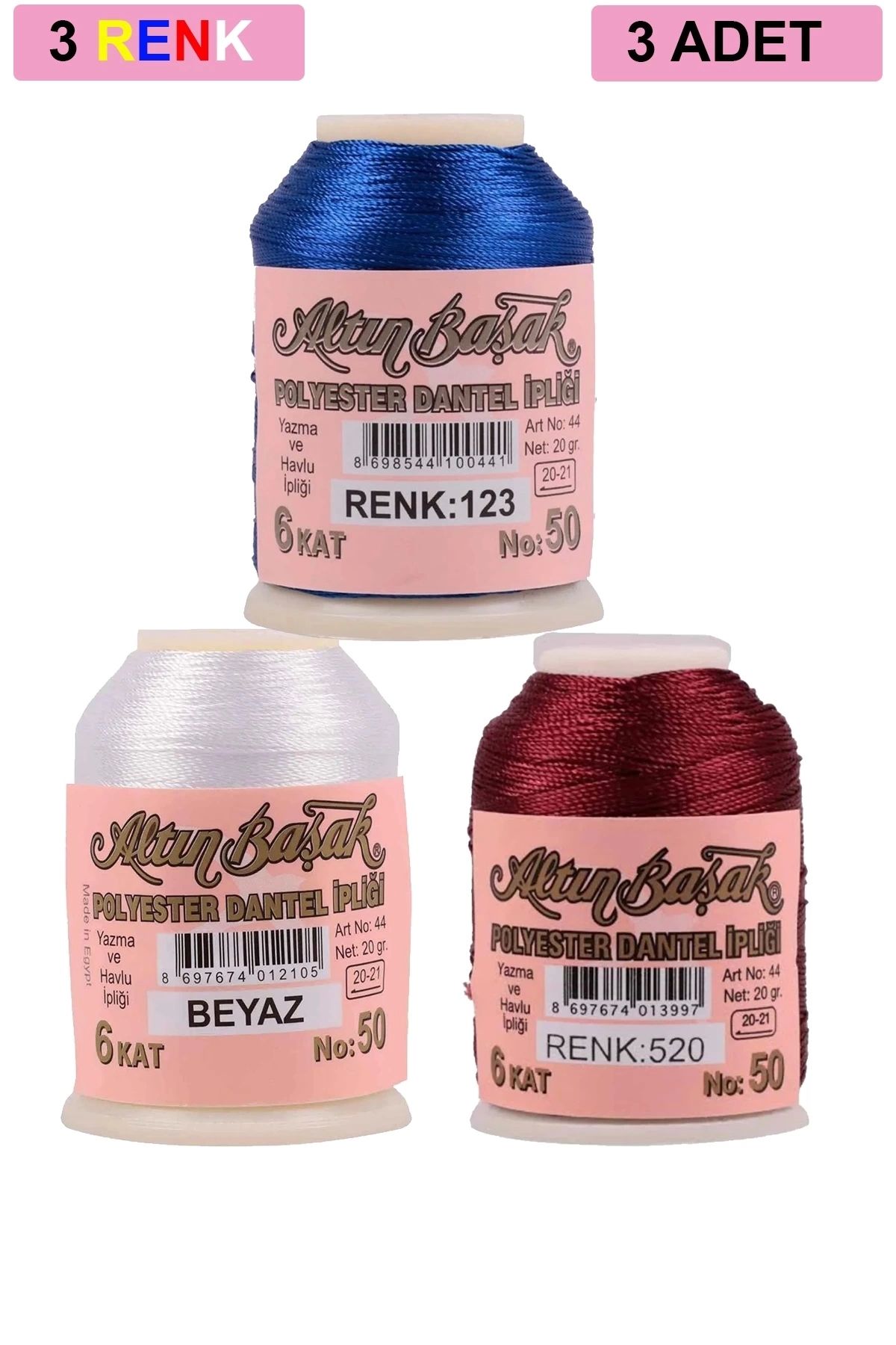 PRATİKOBA 3 Adet Altınbaşak Oya ve Dantel İpi 20 gr - Royaleks - No: BEYAZ - 520 - 123