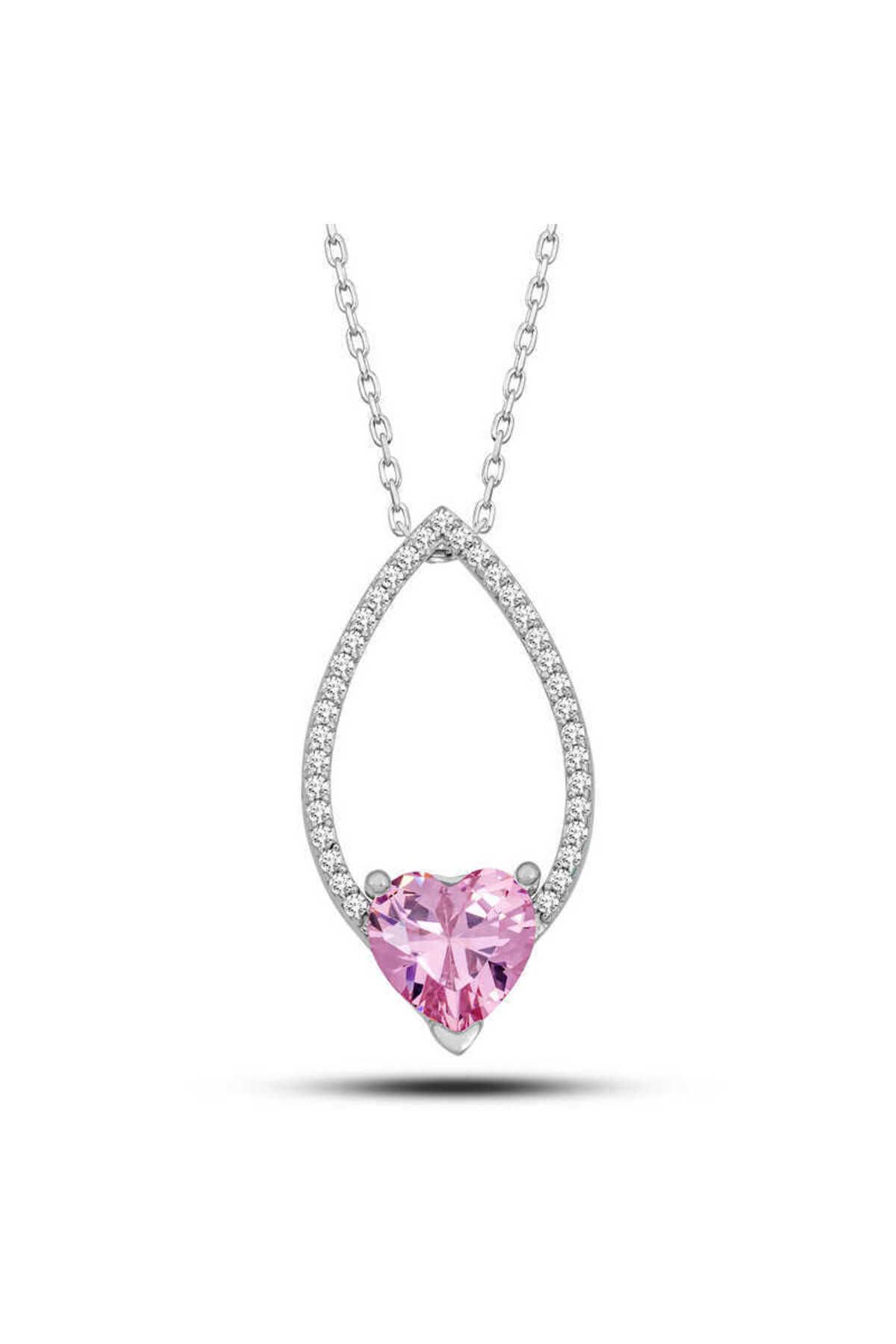 Emperium Gümüş Pembe Taşlı Kalp Kadın Kolye