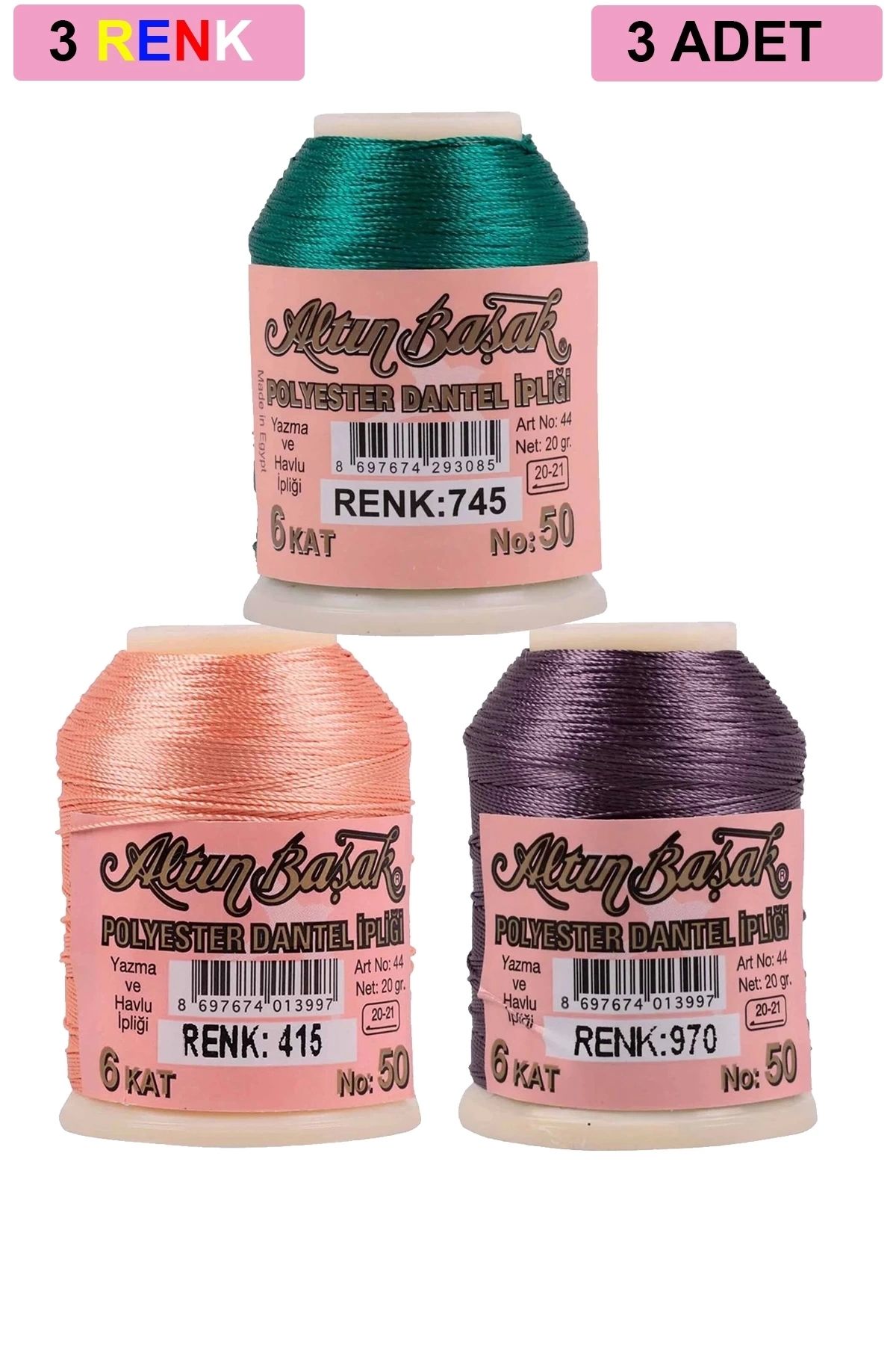 PRATİKOBA 3 Adet Altınbaşak Oya ve Dantel İpi 20 gr - Royaleks - No: 415 - 970 - 745