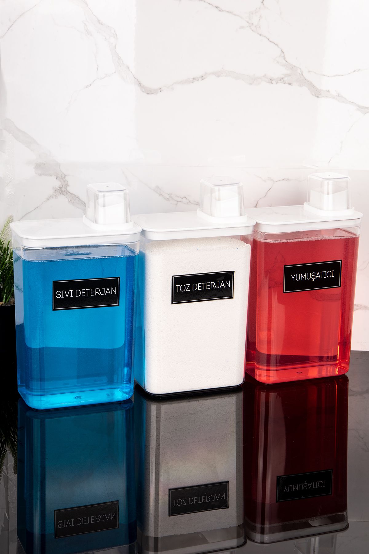Dolkin Home 3lü Kendinden Ölçekli Deterjanlık Kutusu Seti Yumuşatıcı Toz-Sıvı Deterjan Etiketli 3000ml
