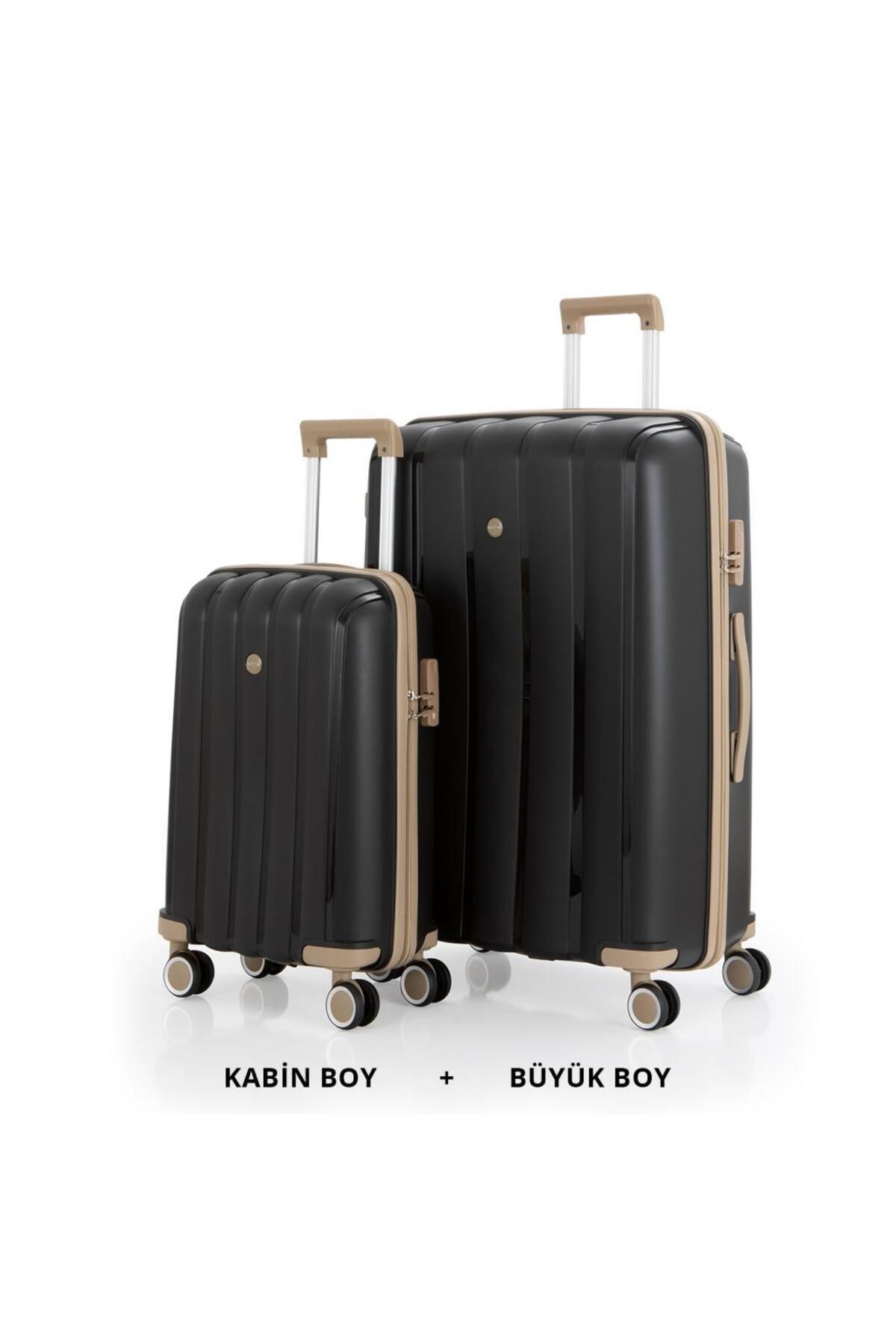 MÇS Bavul Büyük ve Kabin 2li Set Kırılmaz Silikon Valiz V305 Siyah/Şampanya