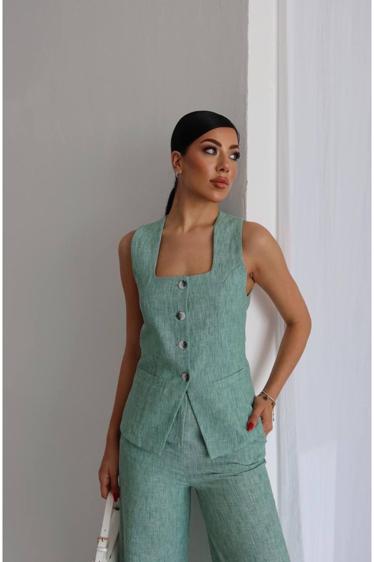 Ekim Store Keten Kare Yaka İkili Yelekli Blazer Takım