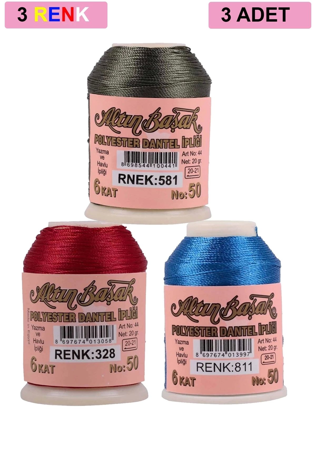 PRATİKOBA 3 Adet Altınbaşak Oya ve Dantel İpi 20 gr - Royaleks - No: 328 - 811 - 581