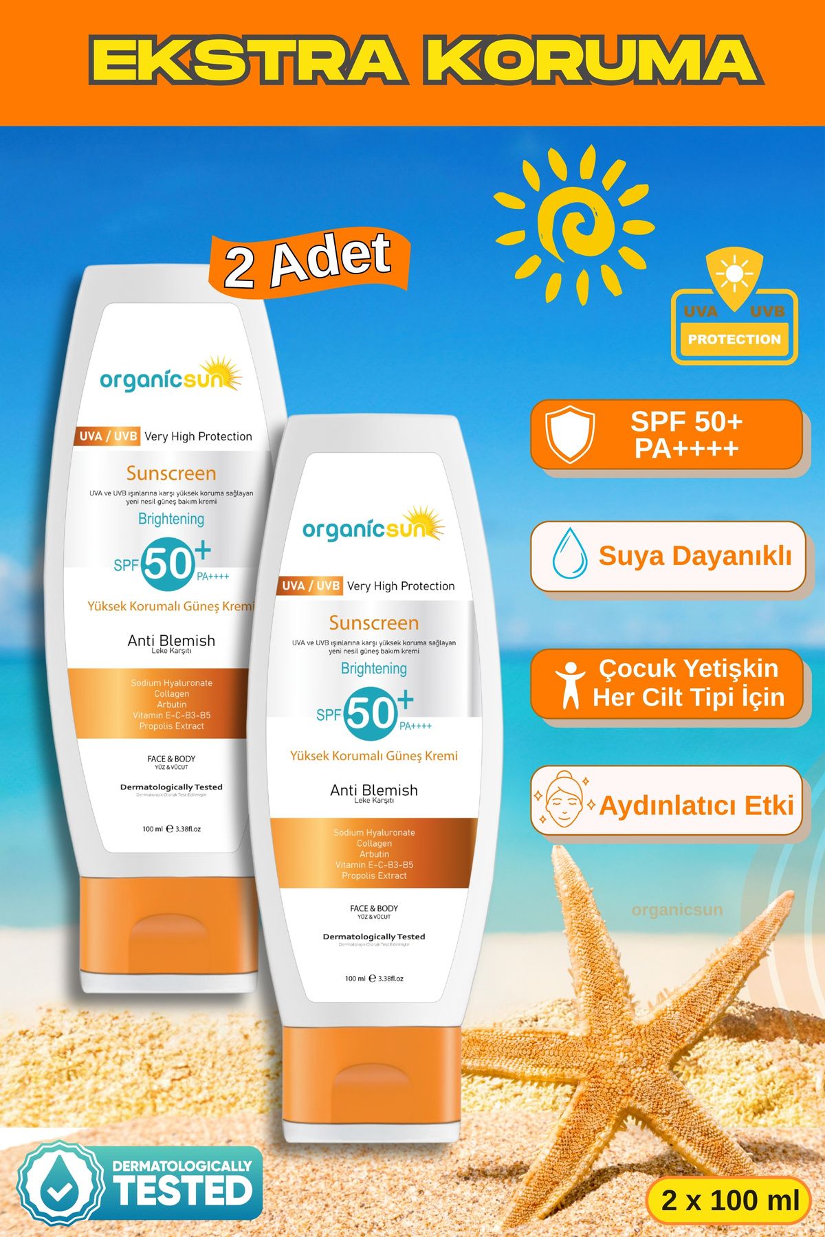 Organicsun SPF 50+ Yüz ve Vücut Güneş Kremi 100ml 2'li Set – Yüksek Korumalı, Leke Karşıtı, Suya Dayanıklı