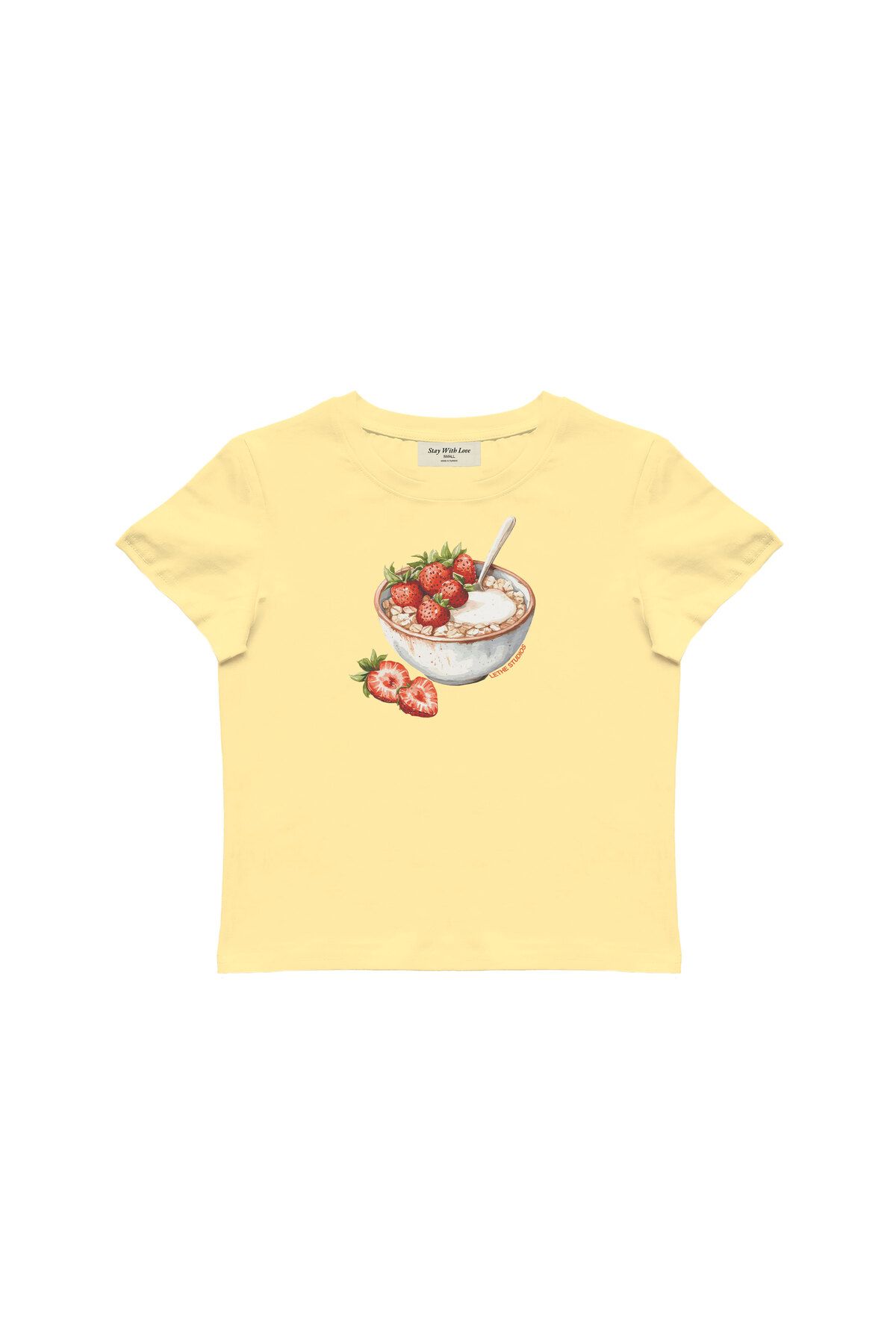 lethestudios Strawberry Oats Baskılı, Meyve Desenli Baby Tee Crop Top