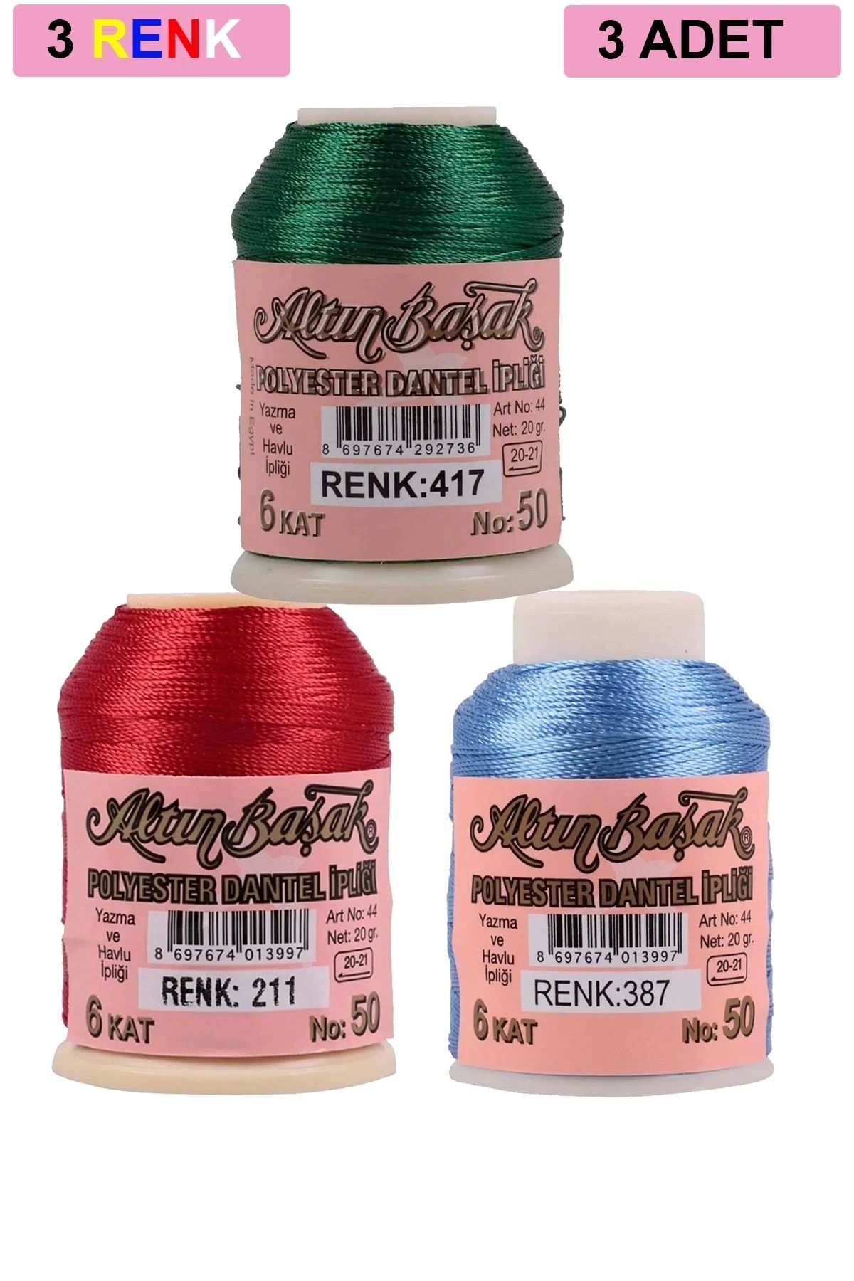 PRATİKOBA 3 Adet Altınbaşak Oya ve Dantel İpi 20 gr - Royaleks - No: 211 - 387 - 417