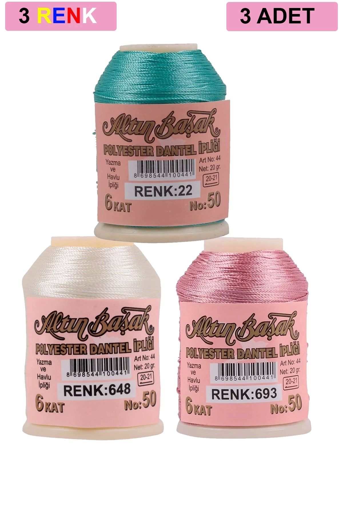 PRATİKOBA 3 Adet Altınbaşak Oya ve Dantel İpi 20 gr - Royaleks - No: 648 - 693 - 022