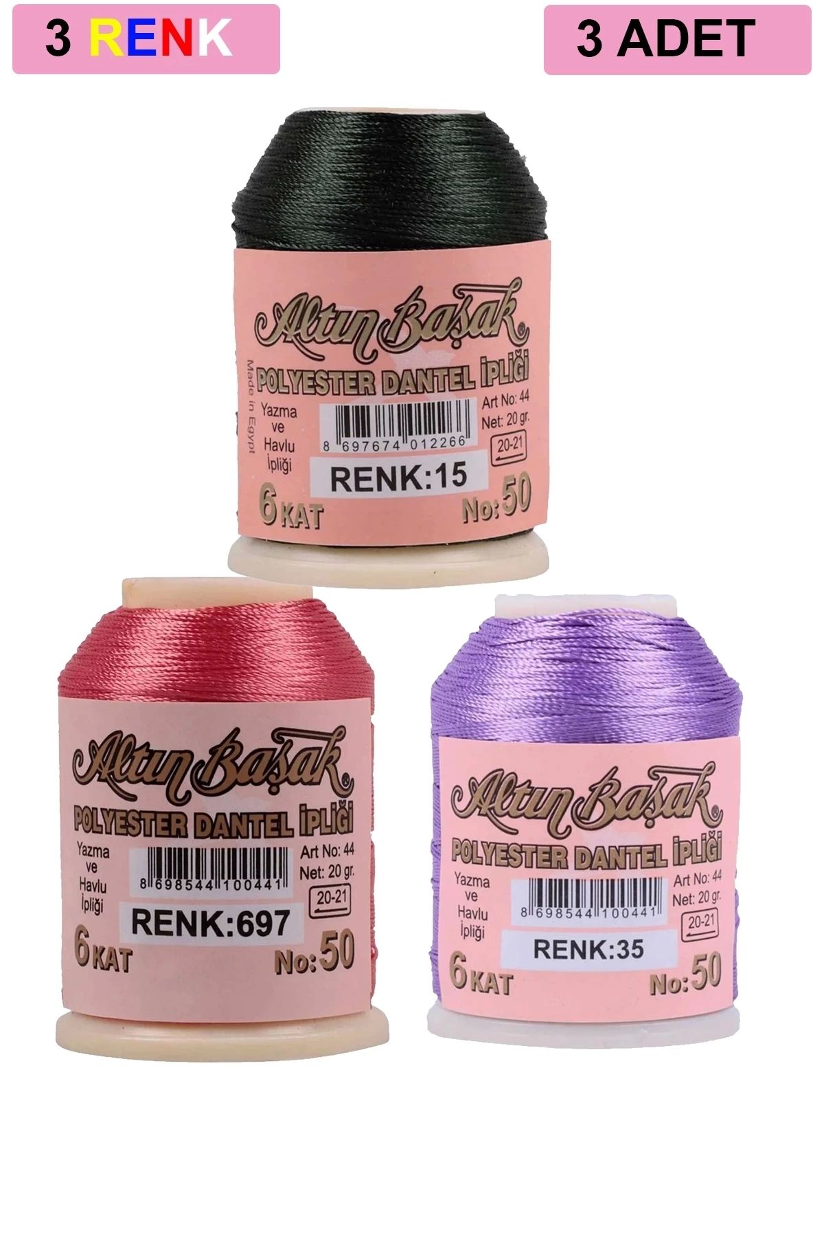 PRATİKOBA 3 Adet Altınbaşak Oya ve Dantel İpi 20 gr - Royaleks - No: 697 - 035 - 015
