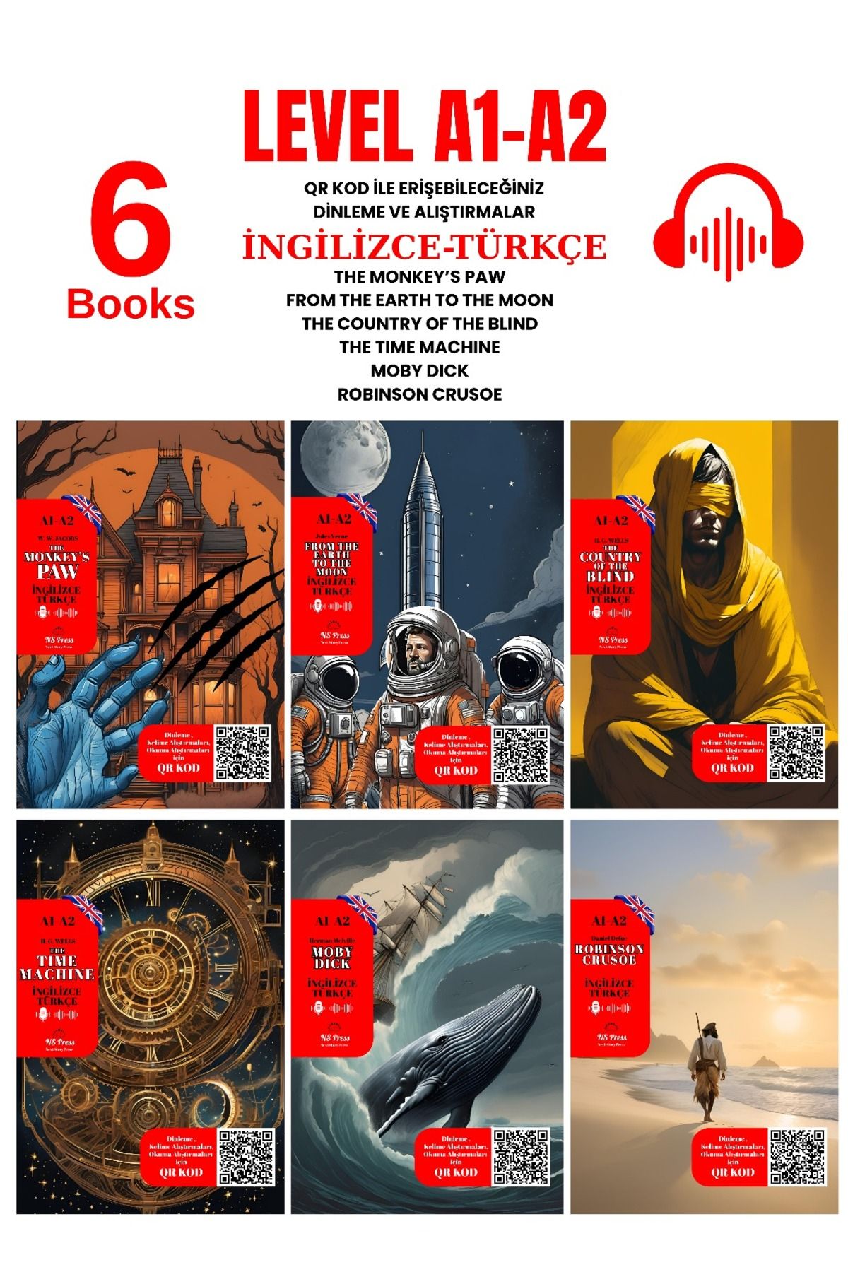 TGR Yayıncılık İngilizce 6'lı (A1-A2) Seviye QR Kod ile Dinlemeli ve Alıştırmalı Hikaye Seti