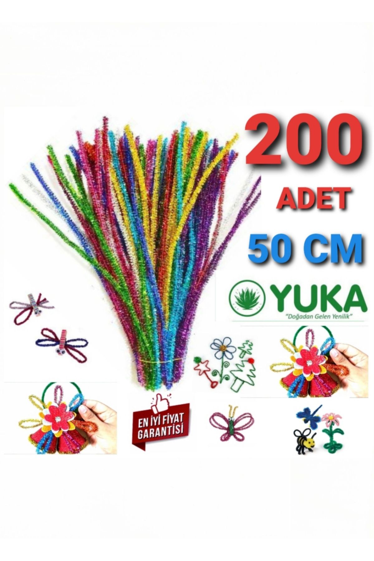 Yuka 200 Adet, Şönil, 50 Cm, Tüylü Tel, Eğitici Şönil Seti, Renkli Tel SİMLİ METALİK UZUN ŞÖNİL
