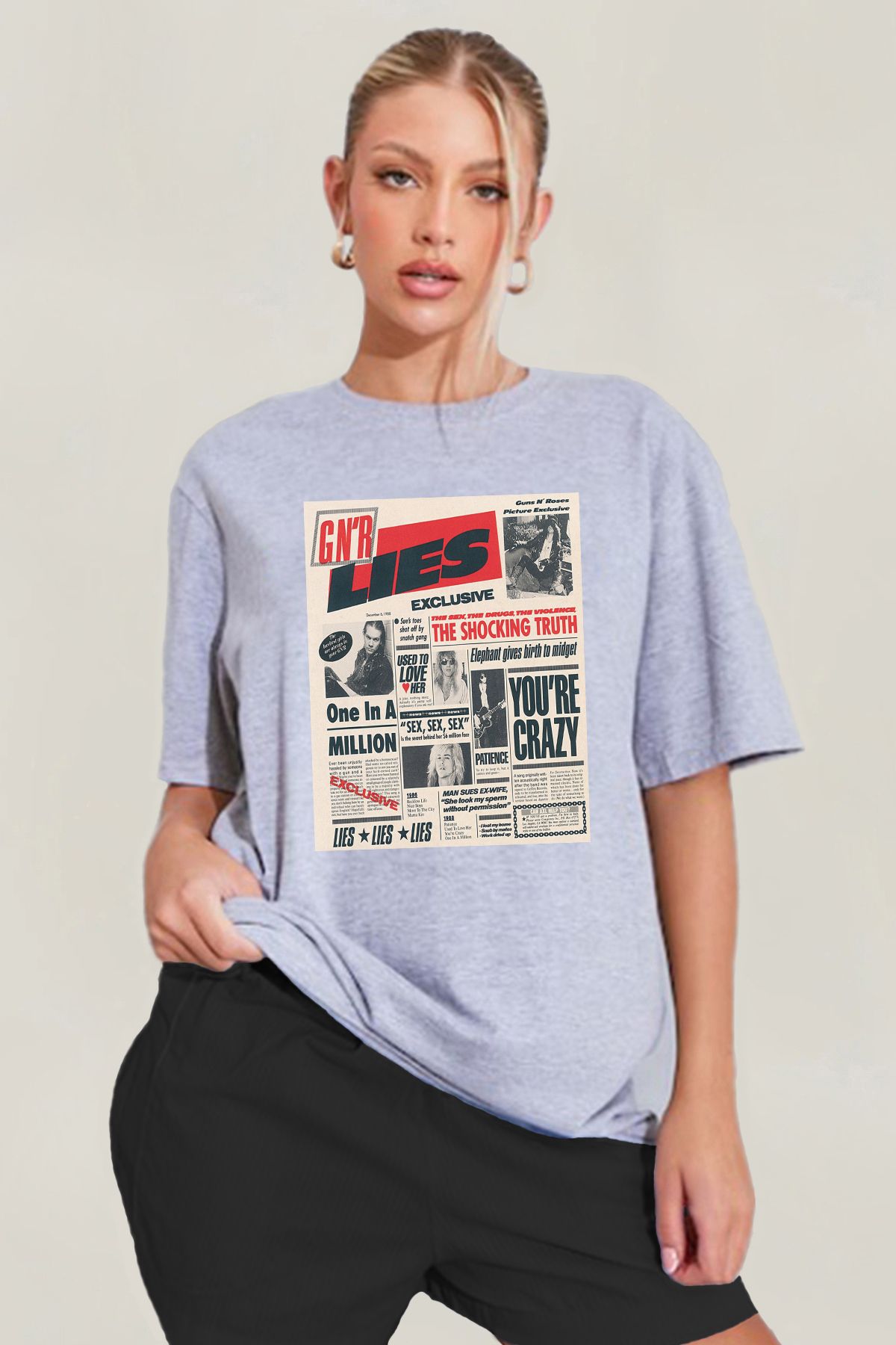 MODA Guns N Roses Lies Baskılı Oversize Grimelanj Geniş Bol Kesim Kadın Tişört