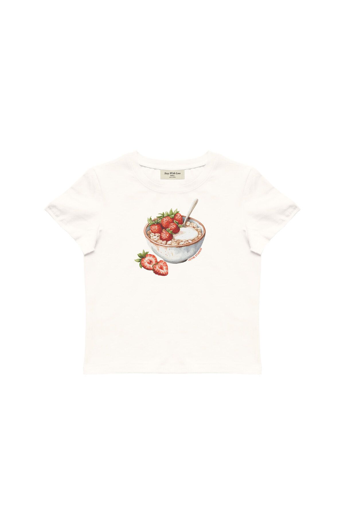 lethestudios Strawberry Oats Baskılı, Meyve Desenli Baby Tee Crop Top