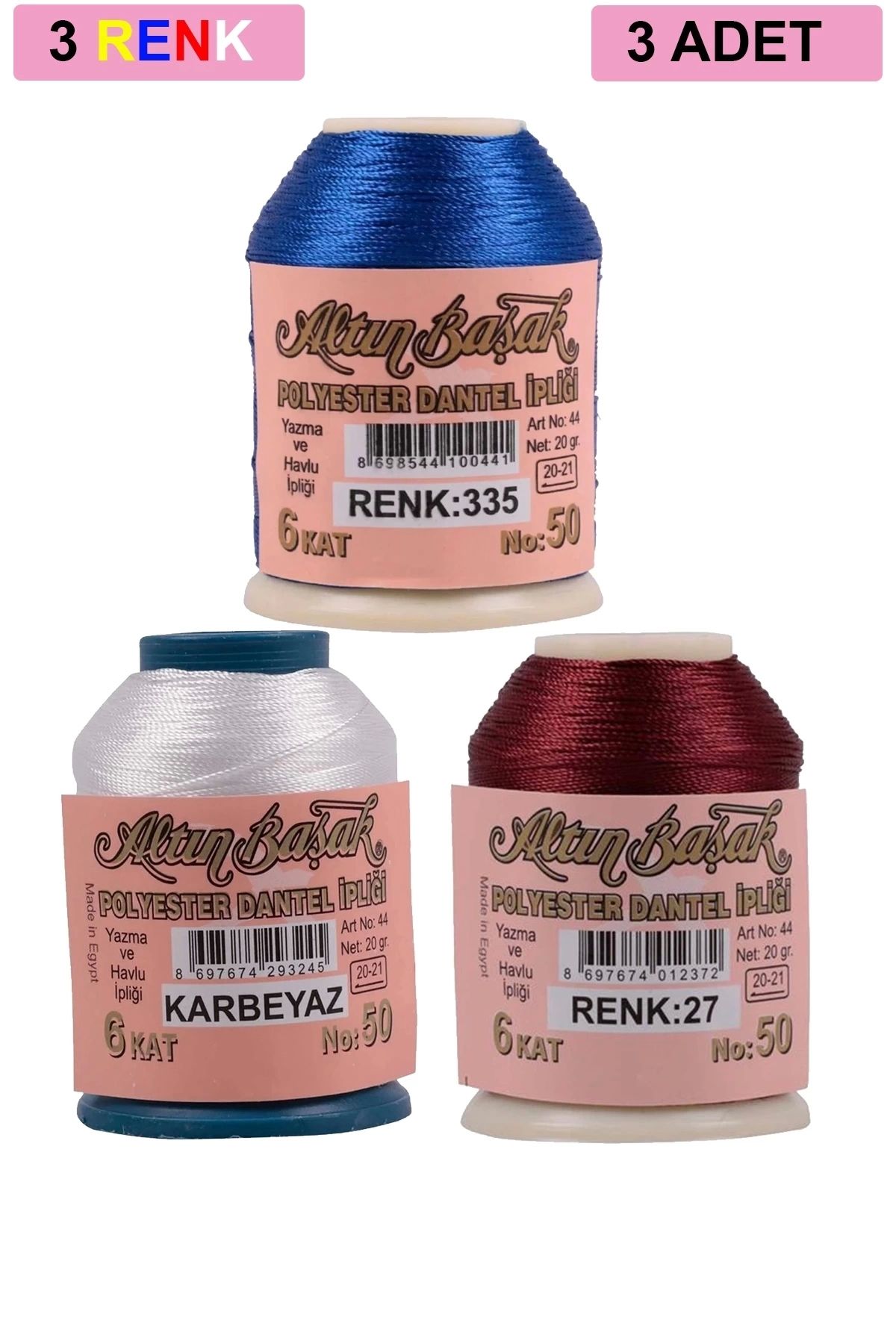 PRATİKOBA 3 Adet Altınbaşak Oya ve Dantel İpi 20 gr - Royaleks - No: K.BEYAZ - 027 - 335