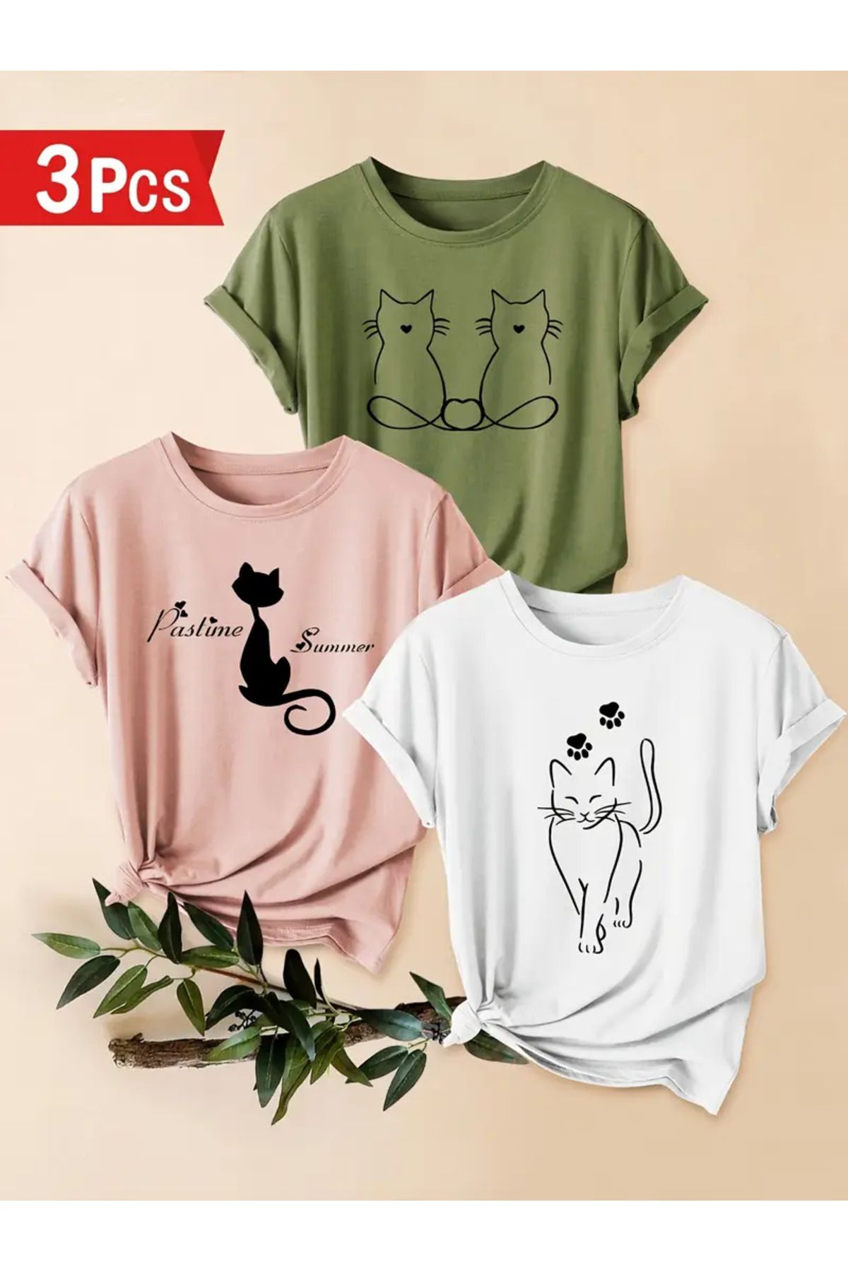 bellanova 3'lü Kadın Oversize Kedi Desenli Tişört Seti – Farklı Renk ve Baskı Seçenekleri