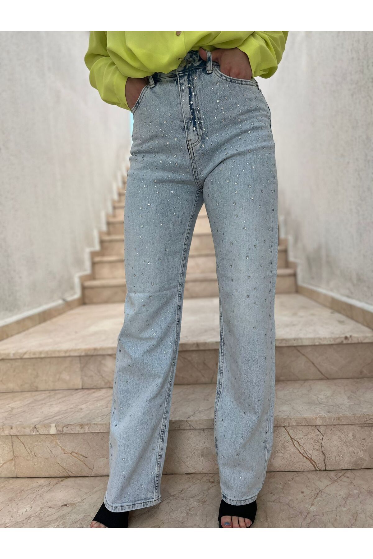 Butik Lavvbutik Taşlı Wideleg Gri Palazzo Pantalon