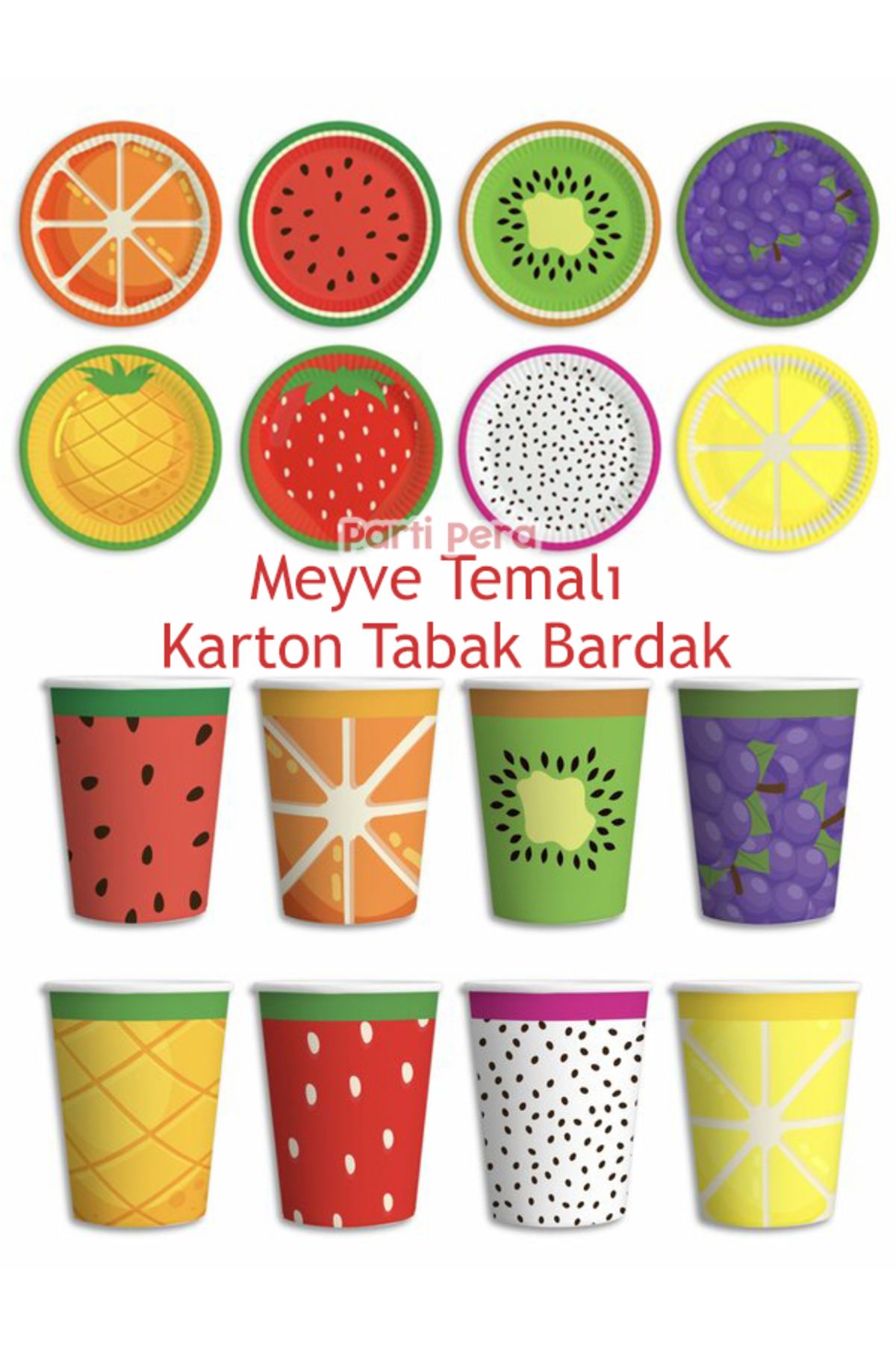parti pera Meyve Temalı Karton Tabak Bardak 8'li Set