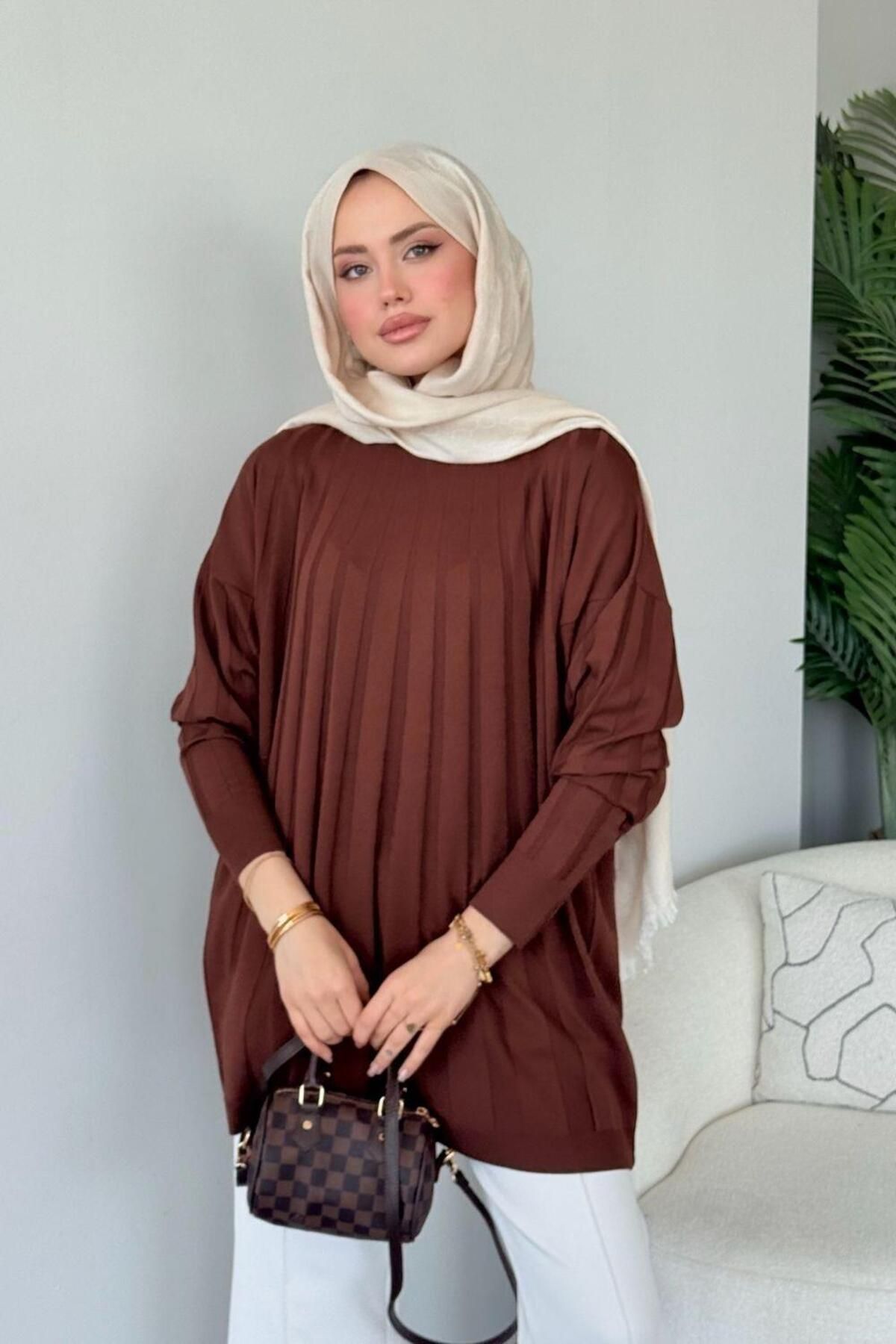 Şulemoda Giyim Gökkuşağı Merserize Tunik Kahverengi