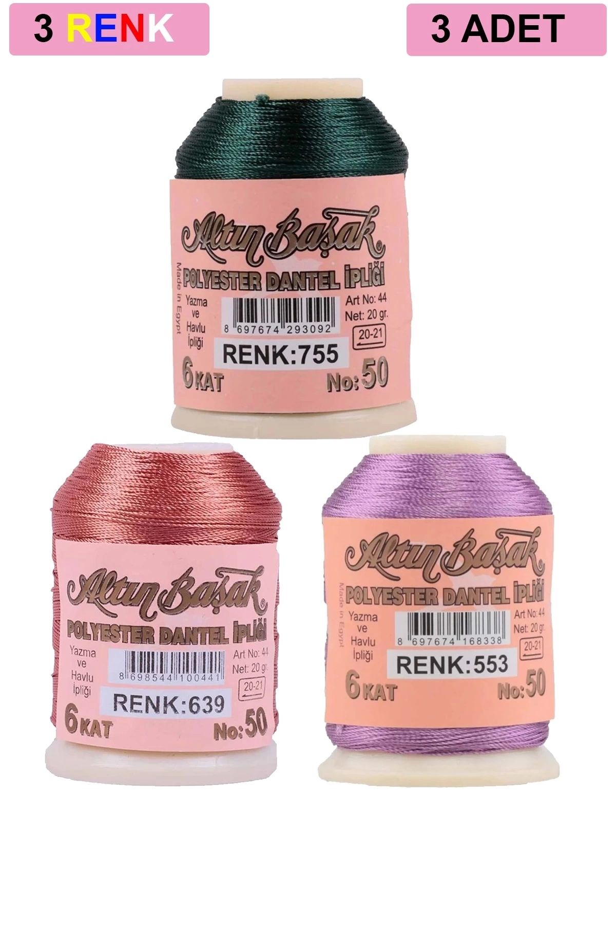 PRATİKOBA 3 Adet Altınbaşak Oya ve Dantel İpi 20 gr - Royaleks - No: 639 - 553 - 755