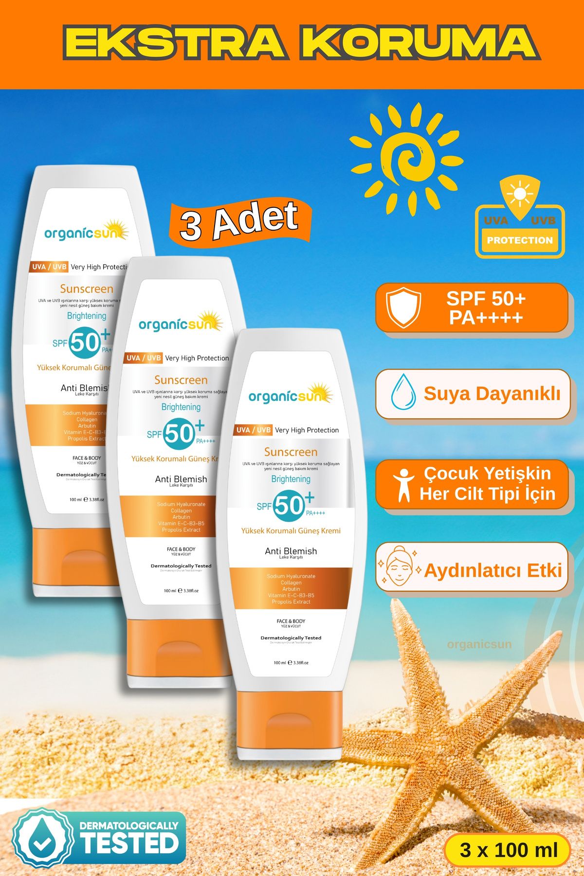 Organicsun SPF 50+ Yüz ve Vücut Güneş Kremi 100ml 3'lü Set – Yüksek Korumalı, Leke Karşıtı, Suya Dayanıklı