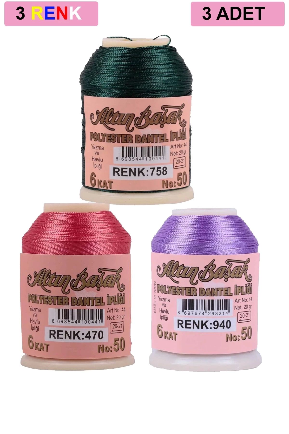 PRATİKOBA 3 Adet Altınbaşak Oya ve Dantel İpi 20 gr - Royaleks - No: 470 - 940 - 758