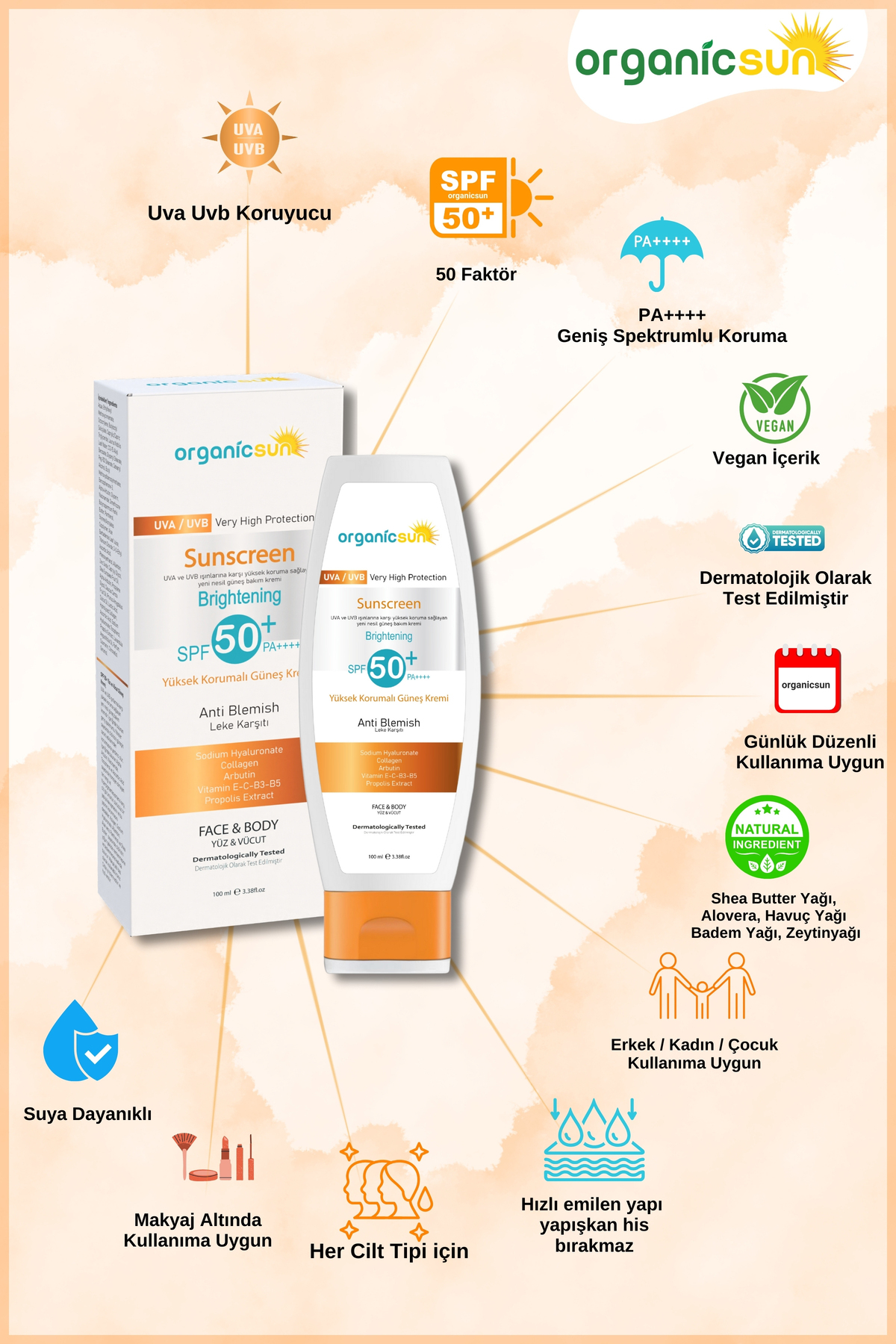 SPF 50+ Yüz ve Vücut Güneş Kremi 100ml 2'li Set – Yüksek Korumalı, Leke Karşıtı, Suya Dayanıklı — 4415.2 — تصویر 4 از 8