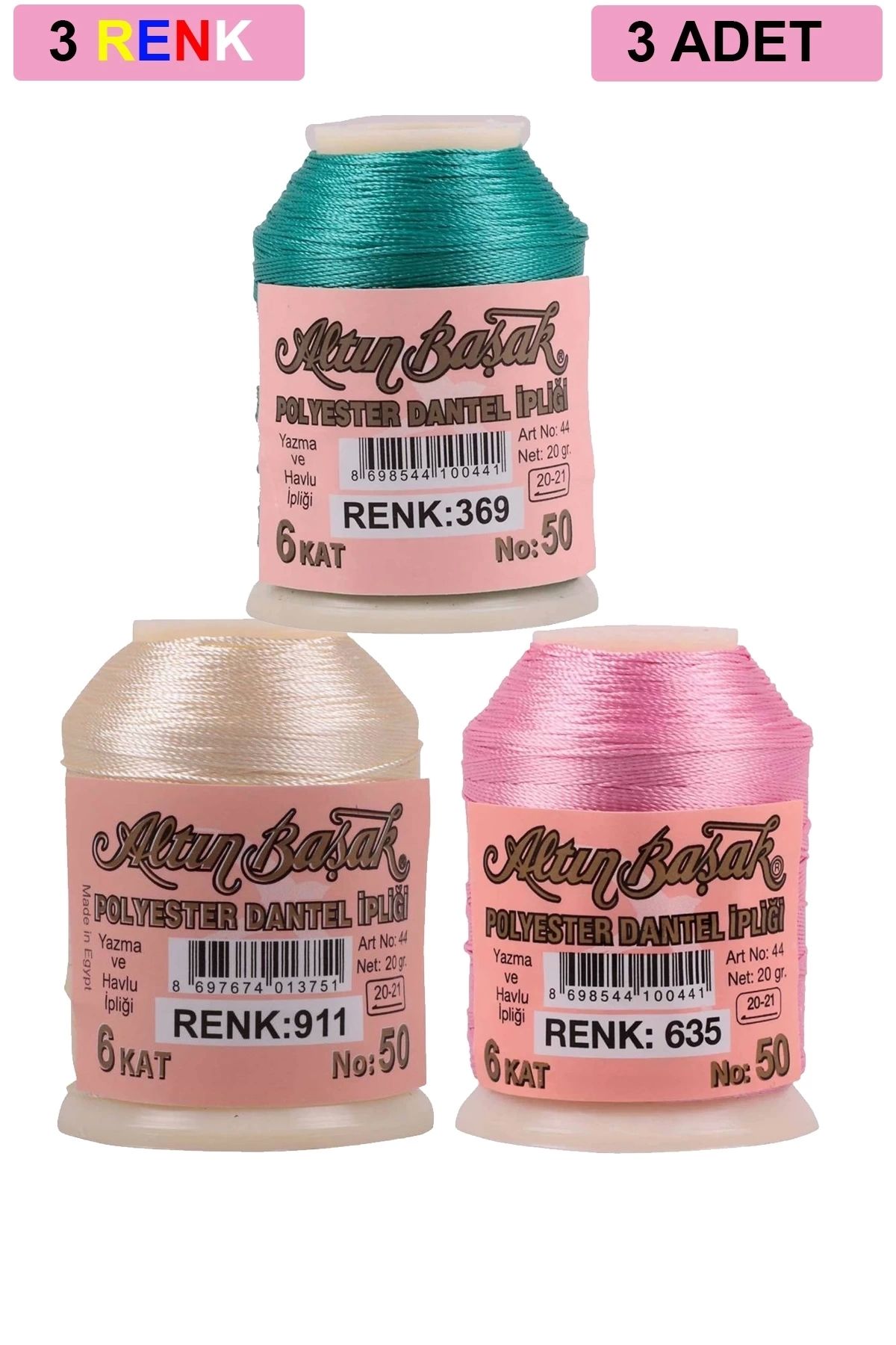 PRATİKOBA 3 Adet Altınbaşak Oya ve Dantel İpi 20 gr - Royaleks - No: 911 - 635 - 369